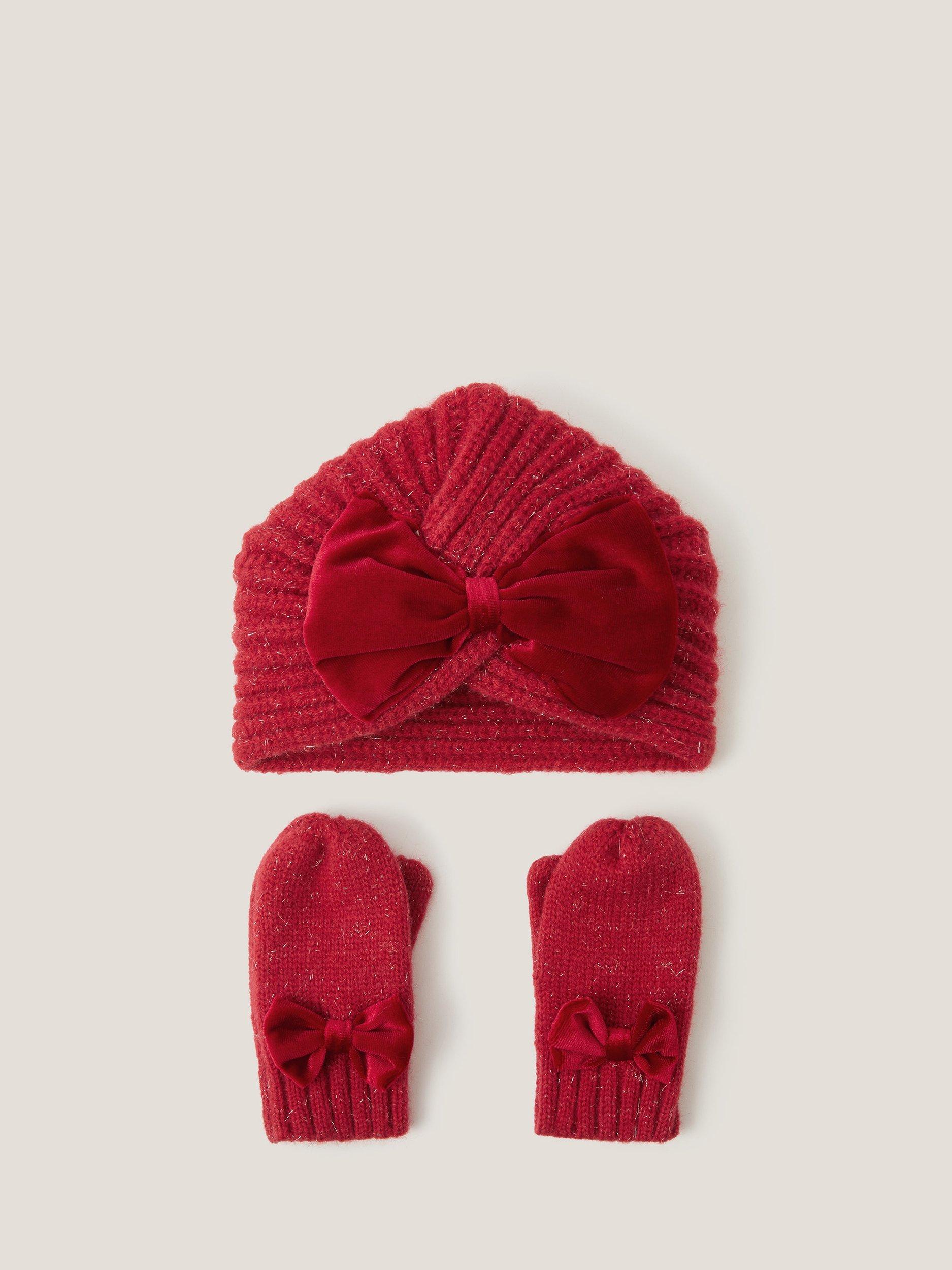 Product image 1 of 3, which shows Monsoon Baby Hat and Mittens Set, Red, 0-6 months