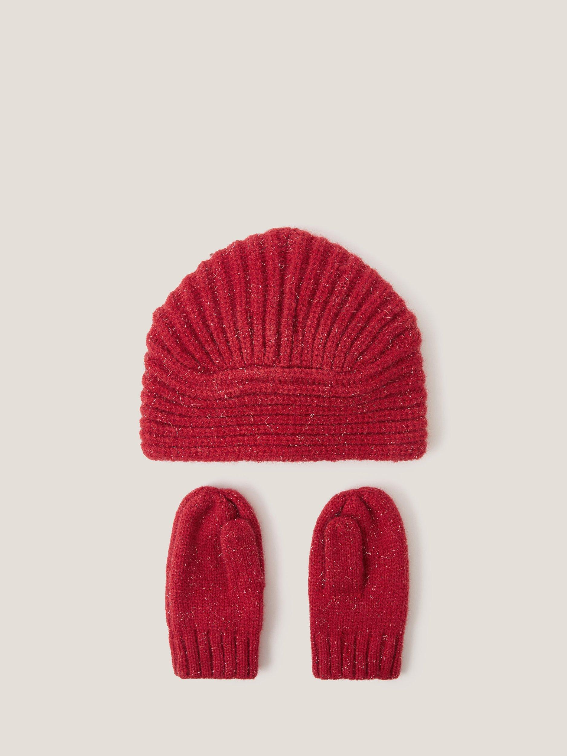 Product image 2 of 3, which shows Monsoon Baby Hat and Mittens Set, Red, 0-6 months