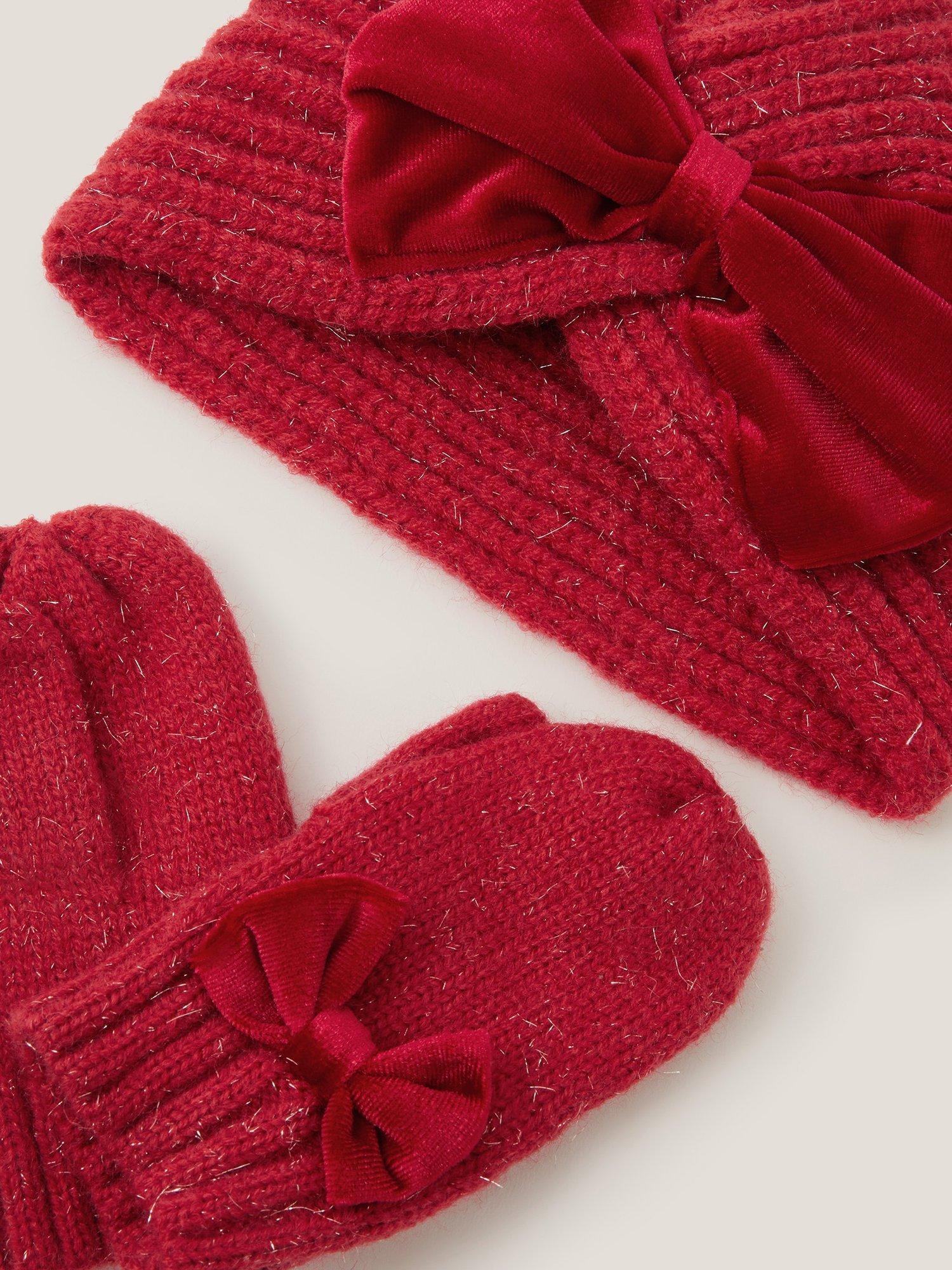 Product image 3 of 3, which shows Monsoon Baby Hat and Mittens Set, Red, 0-6 months