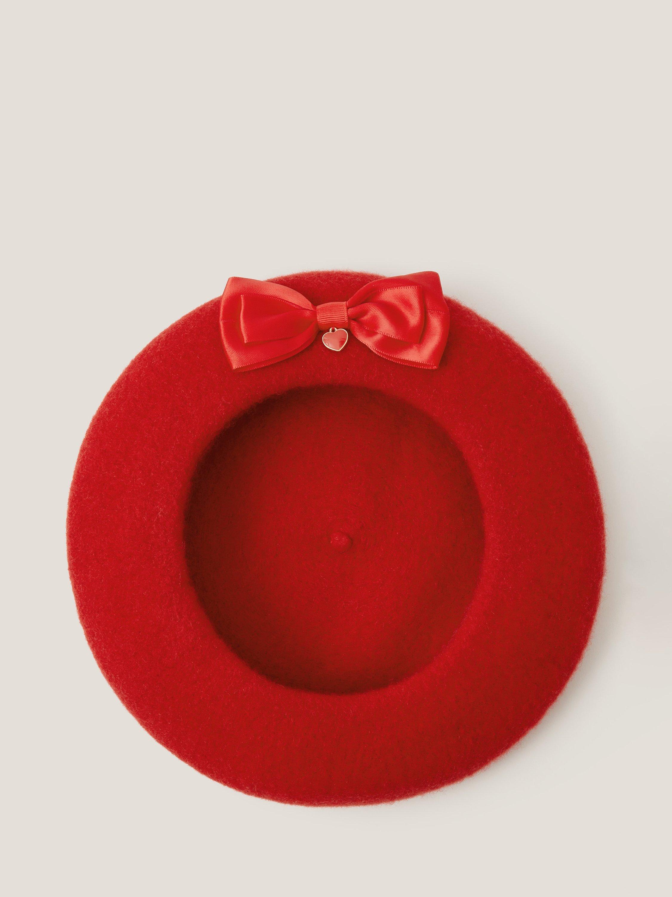Product image 2 of 3, which shows Monsoon Kids' Bow Charm Wool Beret, Red, 3-6 years