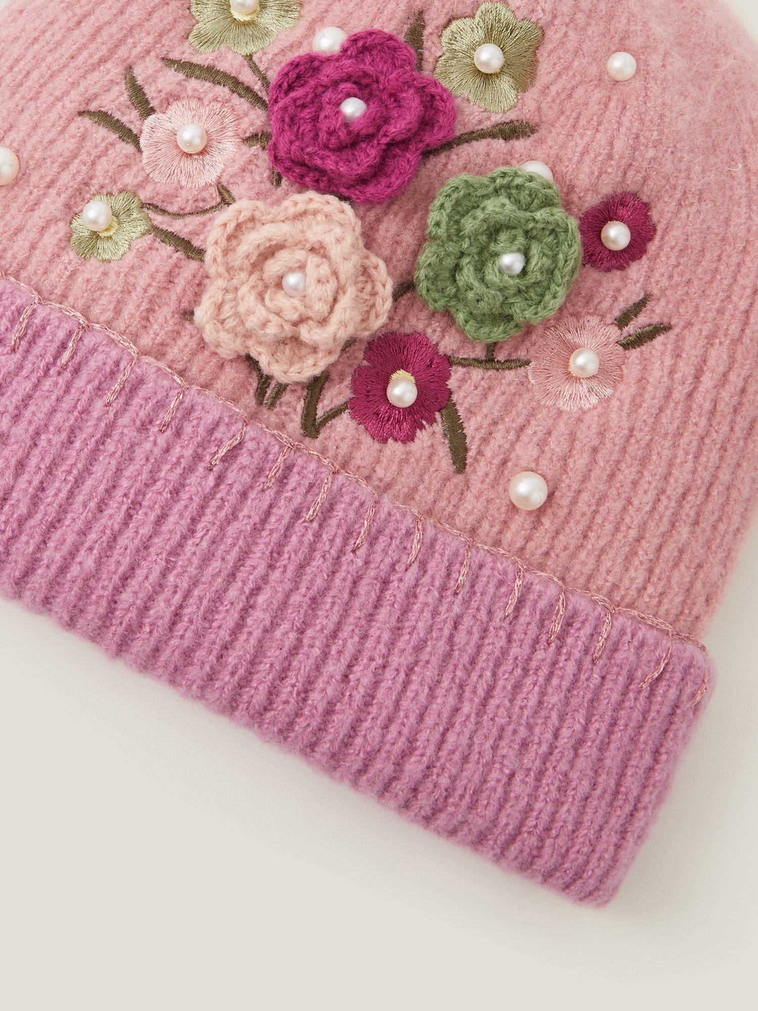 Product image 3 of 3, which shows Monsoon Kids' Embroidered Flower Beanie Hat, Pink, 3-6 years