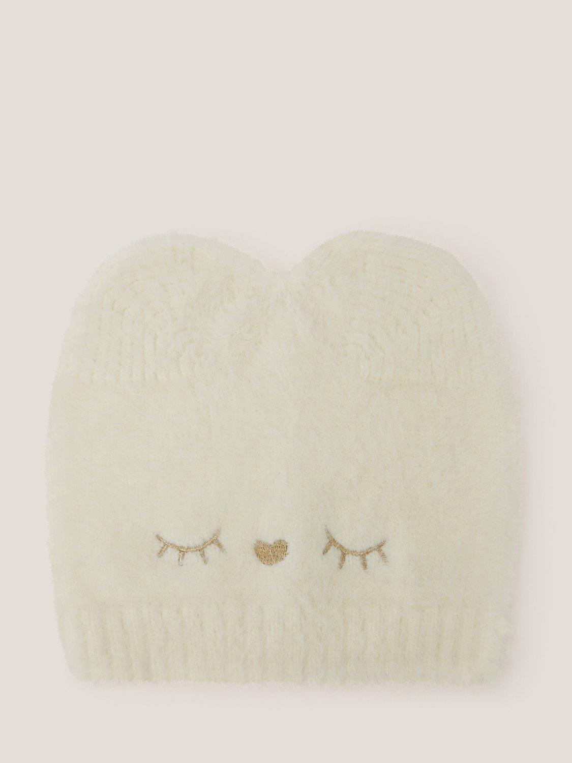 Product image 1 of 3, which shows Monsoon Kids' Knitted Kitty Beanie Hat, Ivory, 3-6 years