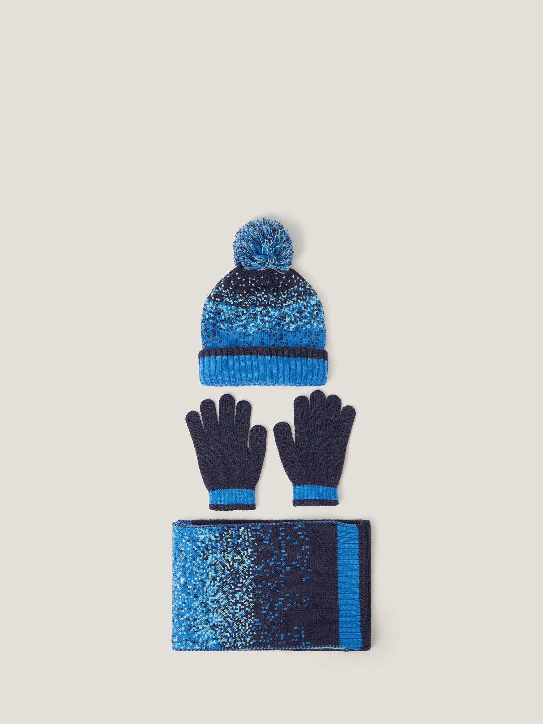 Product image 1 of 2, which shows Monsoon Kids' Knitted Pixel Scarf Set, Blue, 3-6 years