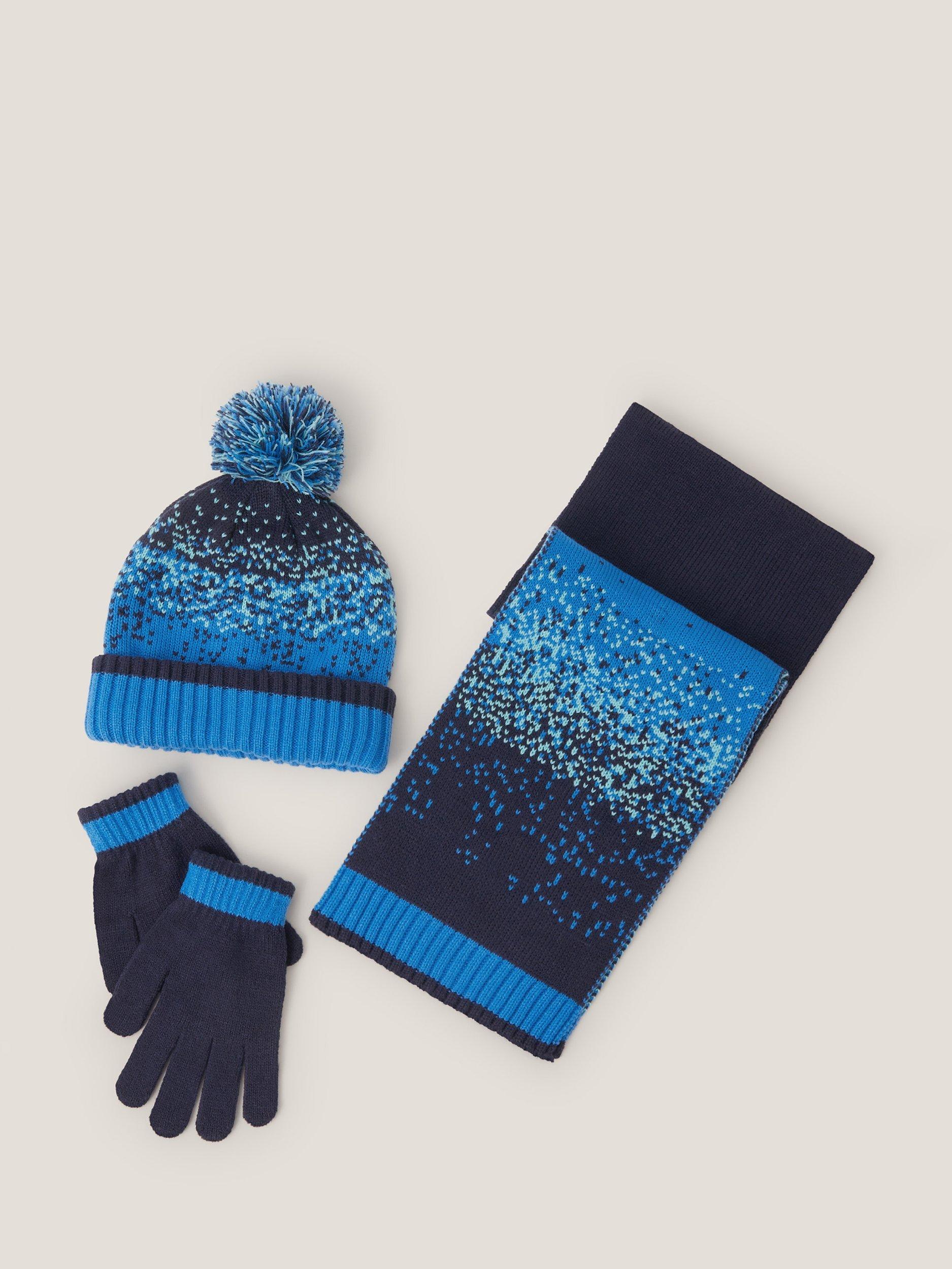 Product image 2 of 2, which shows Monsoon Kids' Knitted Pixel Scarf Set, Blue, 3-6 years