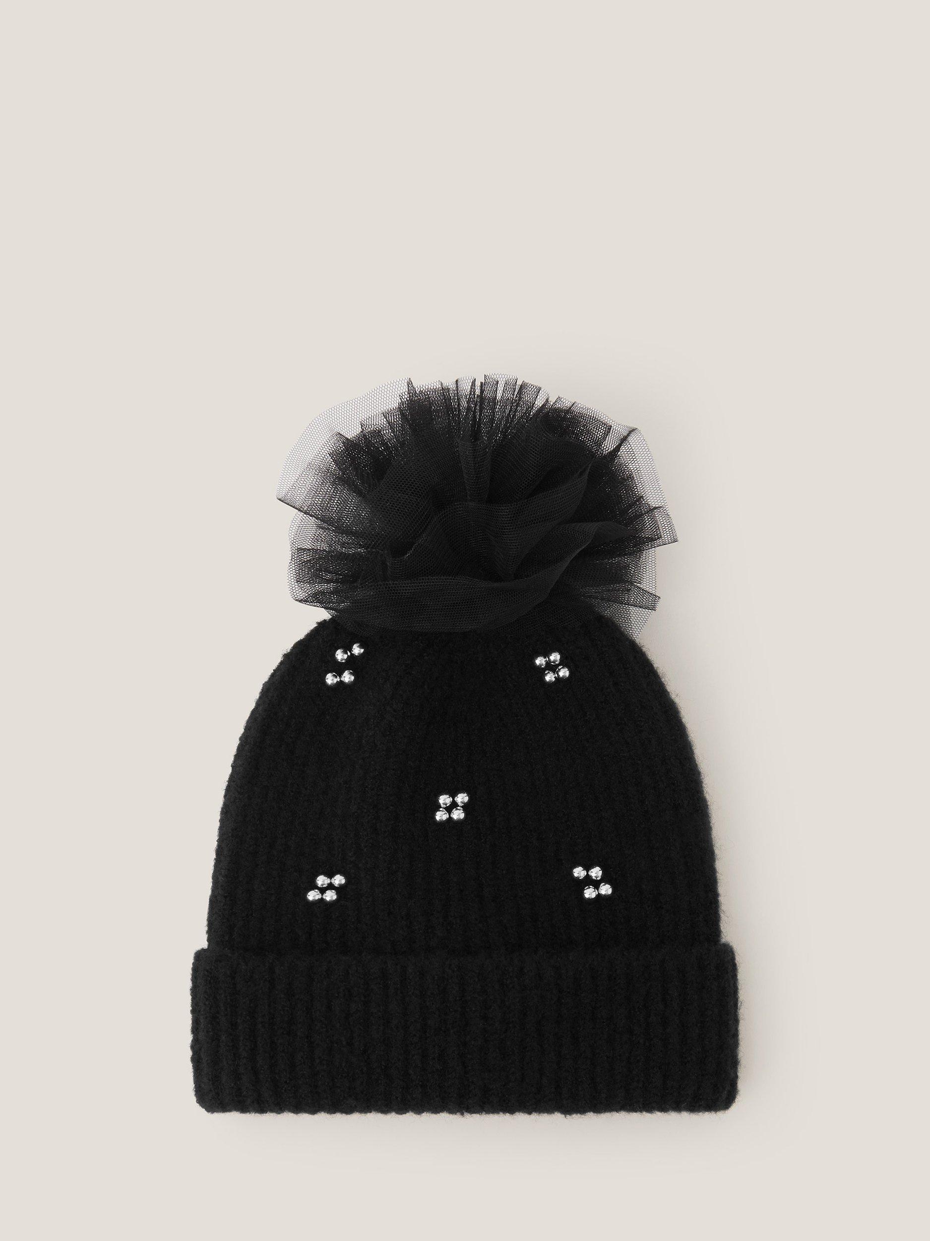 Product image 1 of 3, which shows Monsoon Kids' Tulle Beanie Hat, Black, 3-6 years
