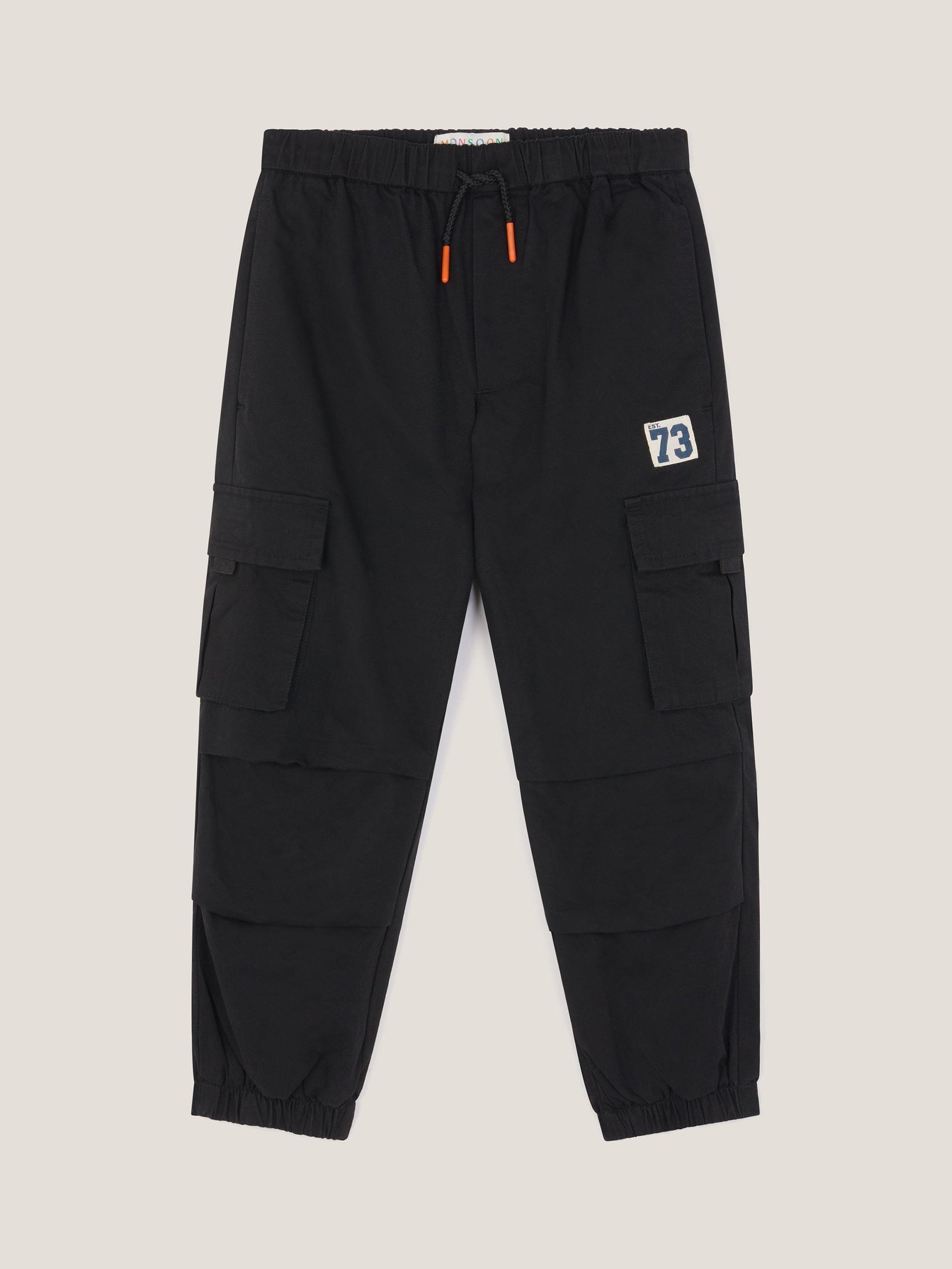 Product image 1 of 3, which shows Monsoon Kids' Drawstring Cargo Trousers, Black, 2-3 years