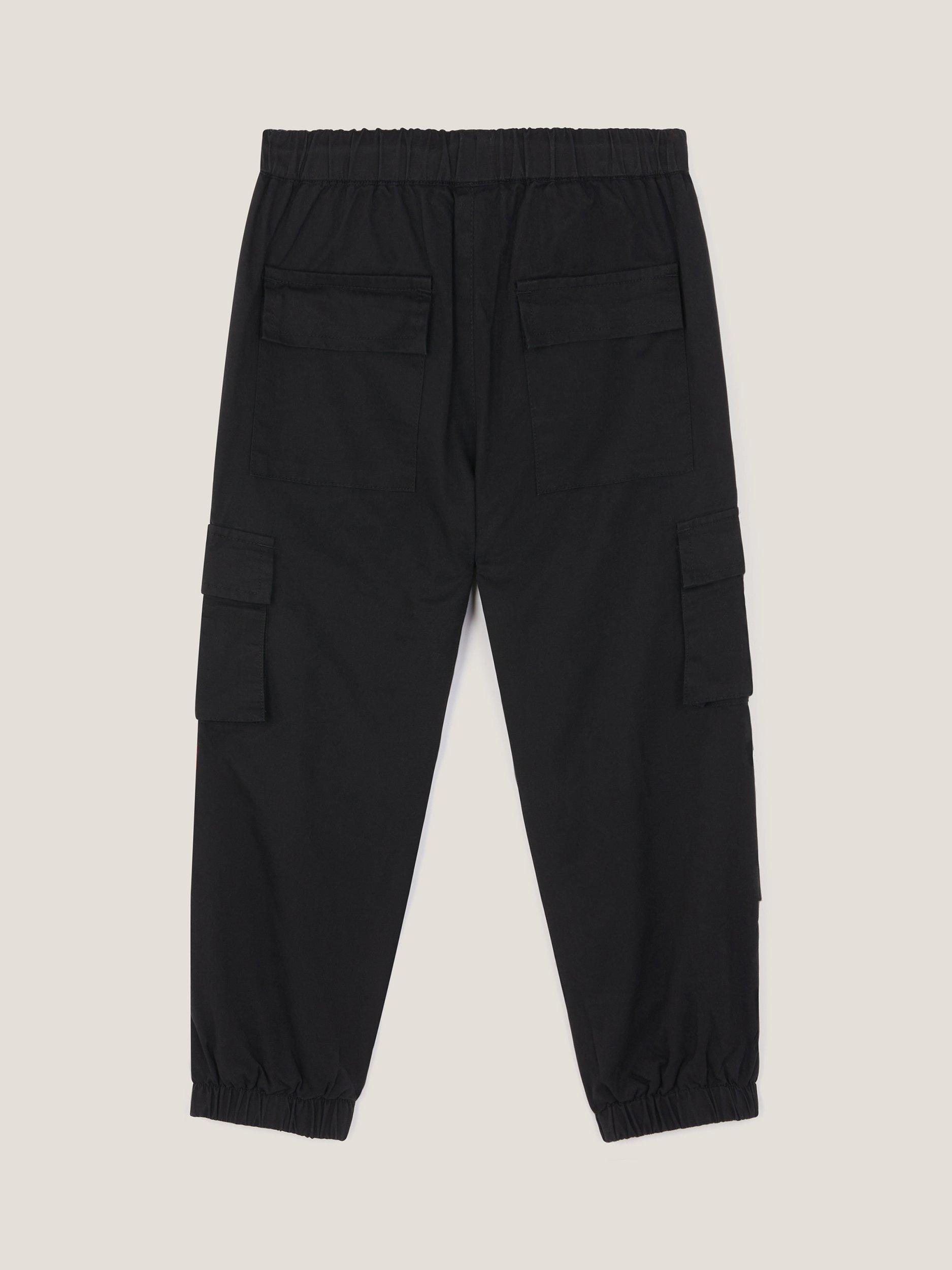 Product image 2 of 3, which shows Monsoon Kids' Drawstring Cargo Trousers, Black, 2-3 years