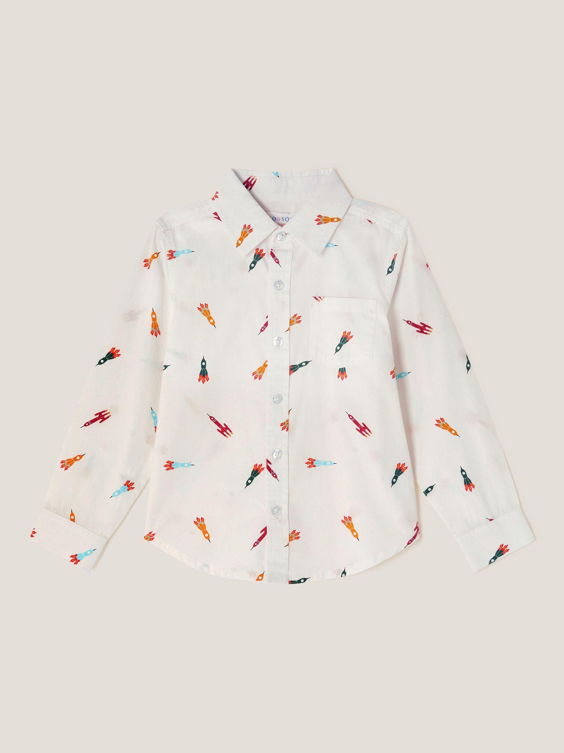Product image 1 of 3, which shows Monsoon Kids' Rocket Print Shirt, White, 2-3 years
