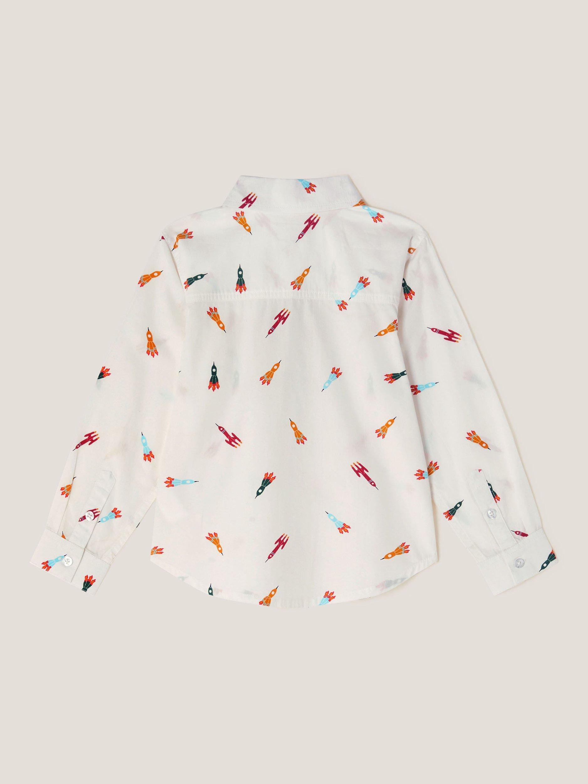 Product image 2 of 3, which shows Monsoon Kids' Rocket Print Shirt, White, 2-3 years