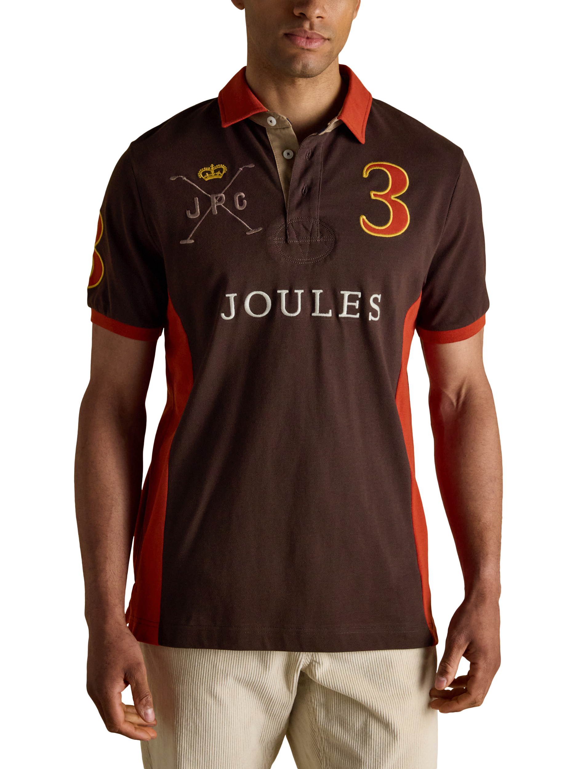 Product image 1 of 9, which shows Joules Cotton Polo Shirt, Brown Mix, S Reg