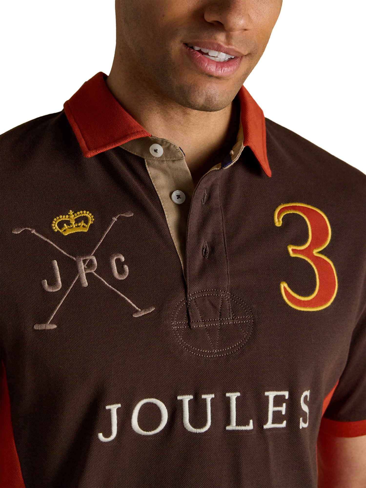 Product image 4 of 9, which shows Joules Cotton Polo Shirt, Brown Mix, S Reg