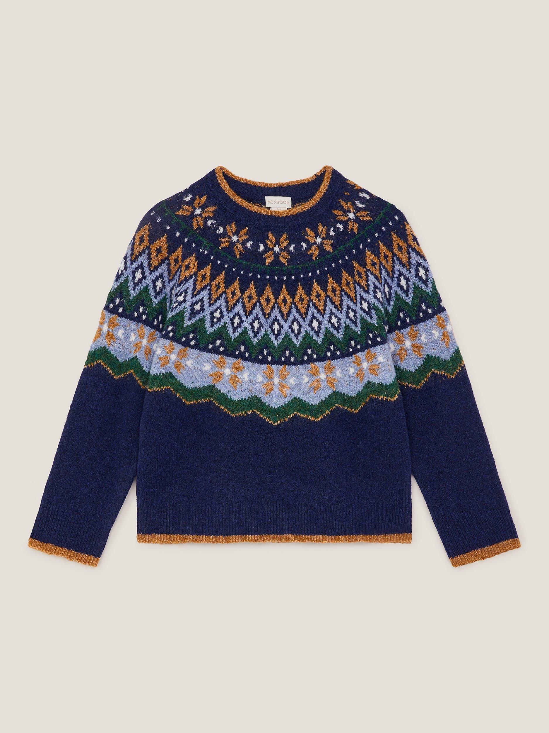 Product image 1 of 3, which shows Monsoon Kids' Wool Blend Fair Isle Jumper, Navy, 9-10 years