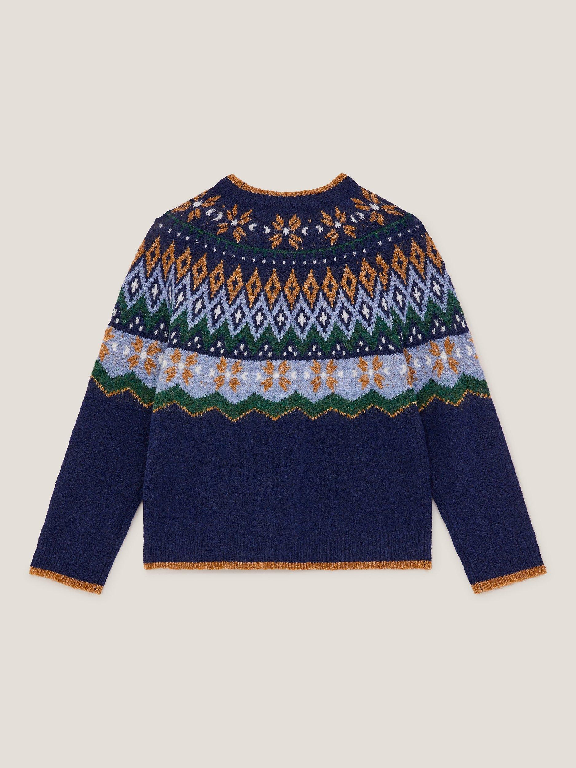 Product image 2 of 3, which shows Monsoon Kids' Wool Blend Fair Isle Jumper, Navy, 9-10 years