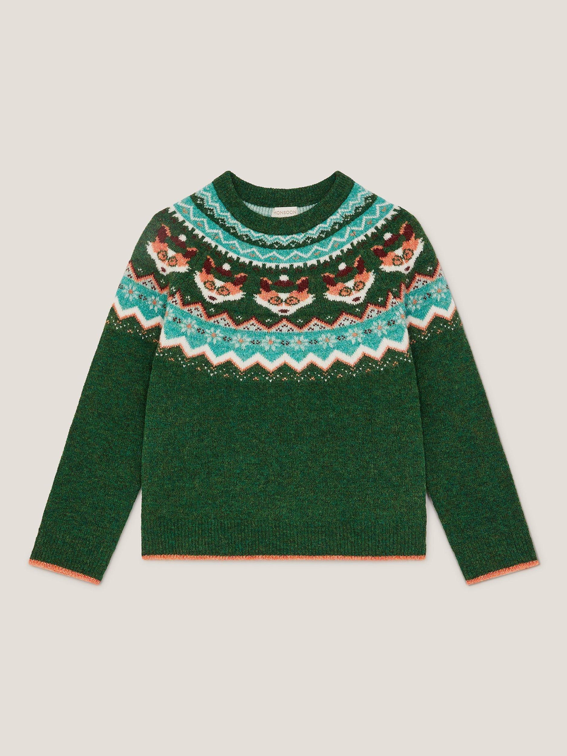 Product image 1 of 3, which shows Monsoon Kids' Fox Fair Isle Jumper, Green, 5-6 years