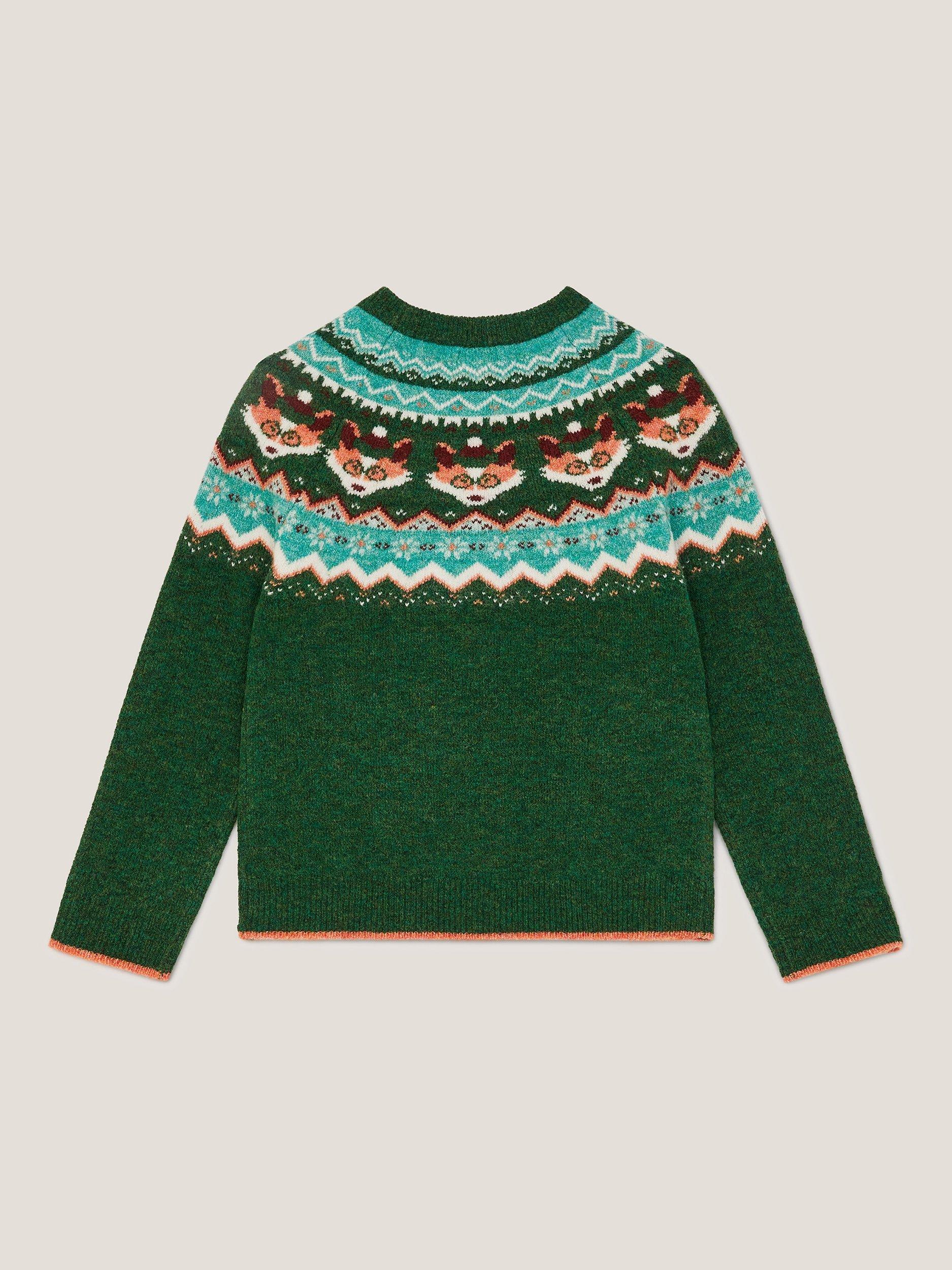 Product image 2 of 3, which shows Monsoon Kids' Fox Fair Isle Jumper, Green, 5-6 years