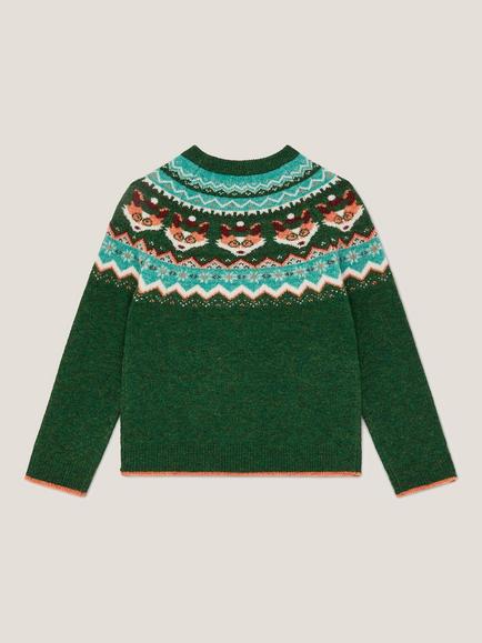 Monsoon Kids' Fox Fair Isle Jumper, Green - view 2, Green