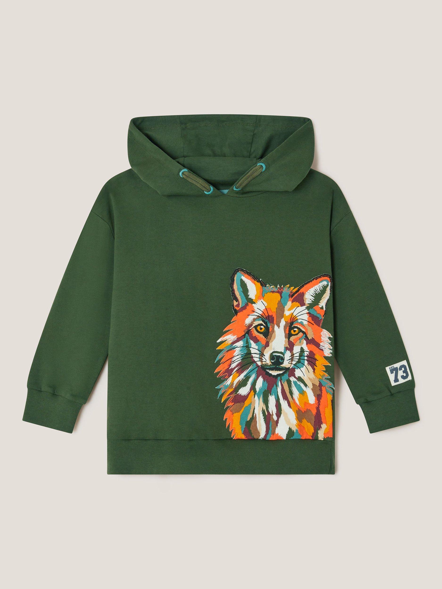 Product image 1 of 3, which shows Monsoon Kids' Fox Graphic Hoodie, Green, 3-4 years