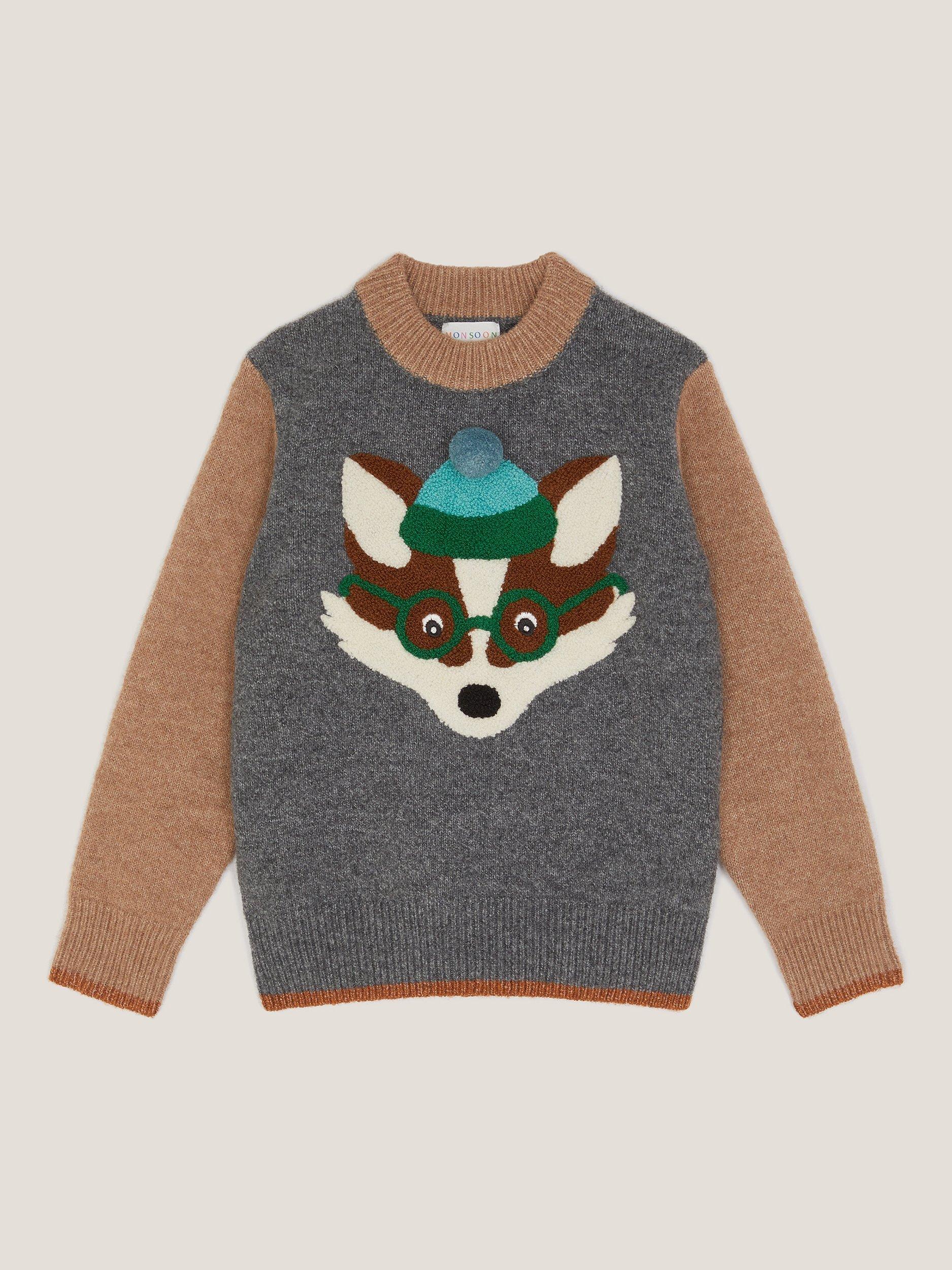 Product image 1 of 3, which shows Monsoon Kids' Fox Knit Jumper, Grey, 18-24 months