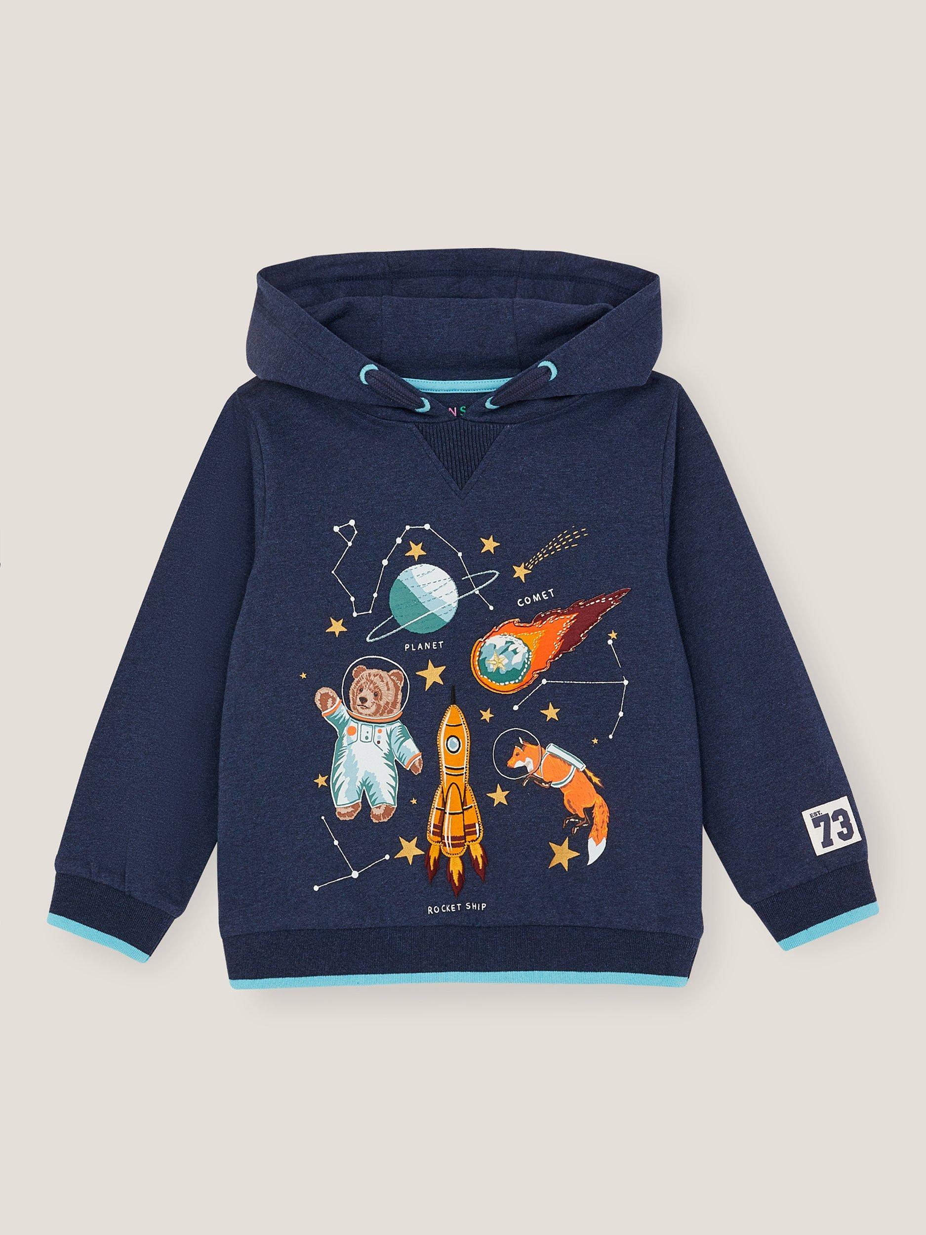 Product image 1 of 3, which shows Monsoon Kids' Space Hoodie, Navy, 7-8 years
