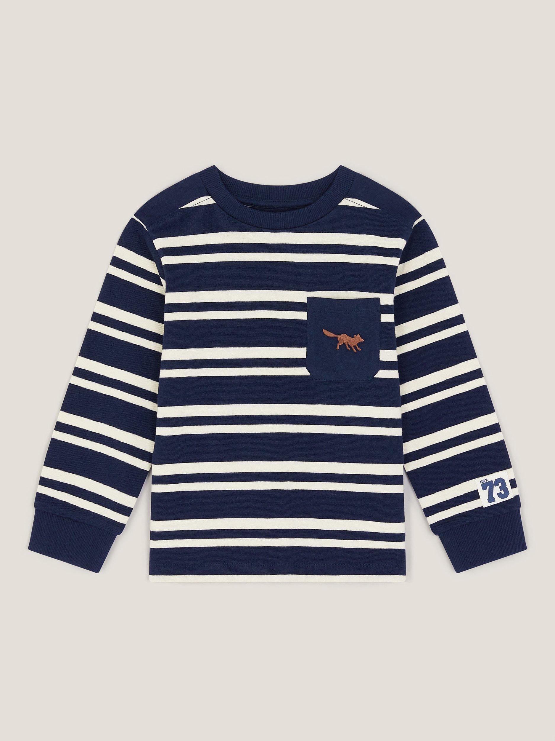Product image 2 of 4, which shows Monsoon Kids' Cotton Striped Fox Top, Blue, 2-3 years