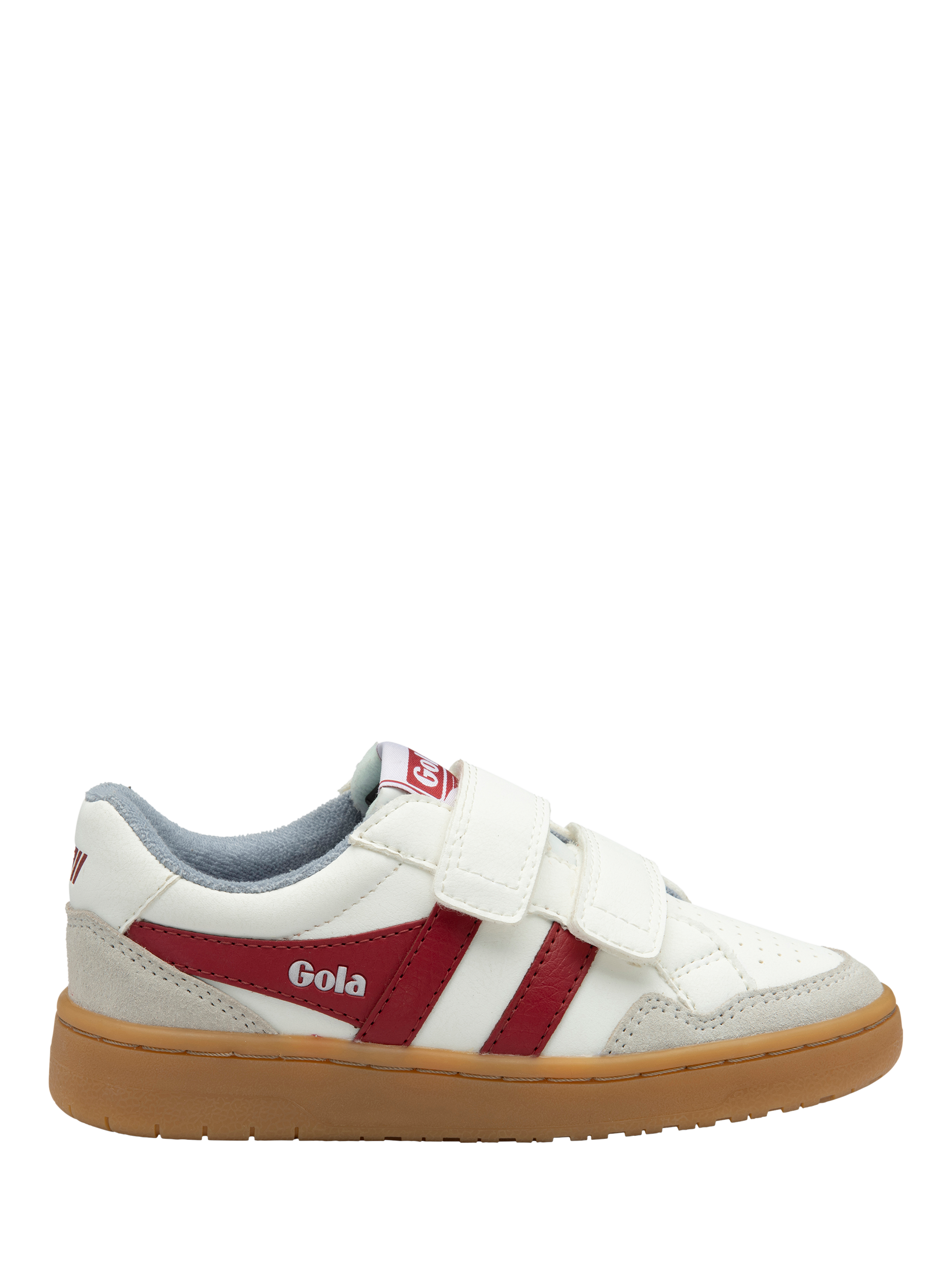 Product image 1 of 5, which shows Gola Kids' Eagle Strap Low Cut Trainers, White/Deep Red, 8 Jnr