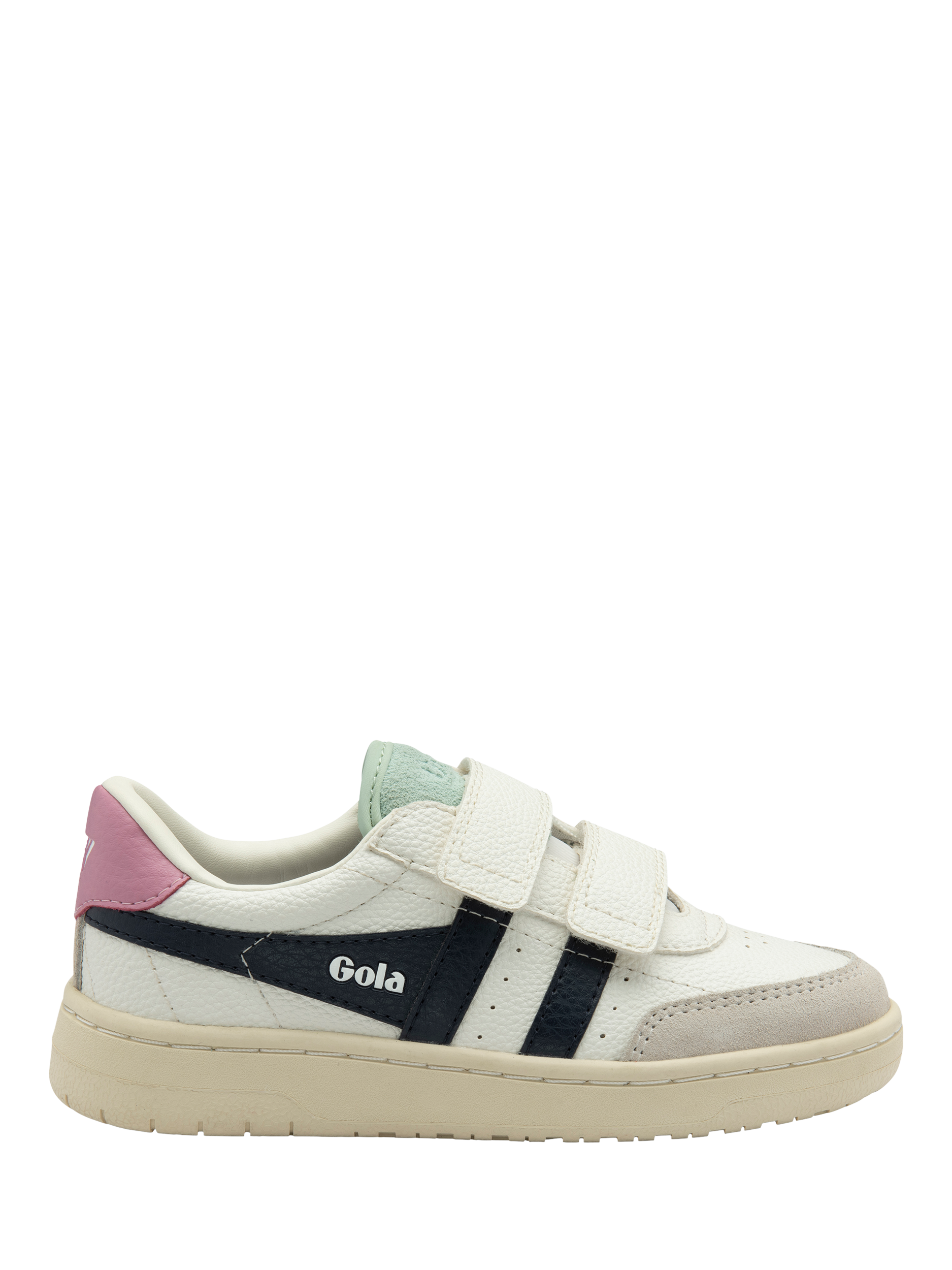 Product image 1 of 5, which shows Gola Kids' Falcon Strap Low Cut Trainers, White/Navy/Candy, 8 Jnr