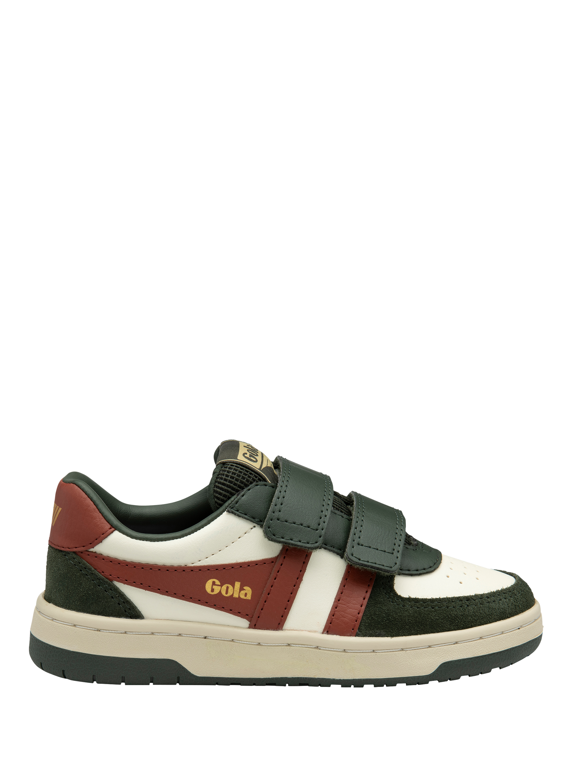 Product image 1 of 5, which shows Gola Kids' Classic Hawk Strap Trainers, White/Khaki/Rust, 8 Jnr