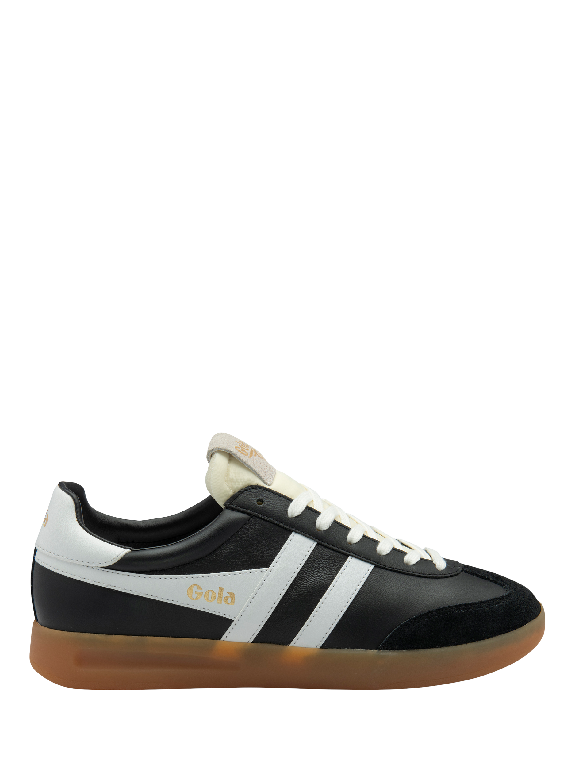 Product image 1 of 5, which shows Gola Cyclone Leather Trainers, Black/White/Gum, 6