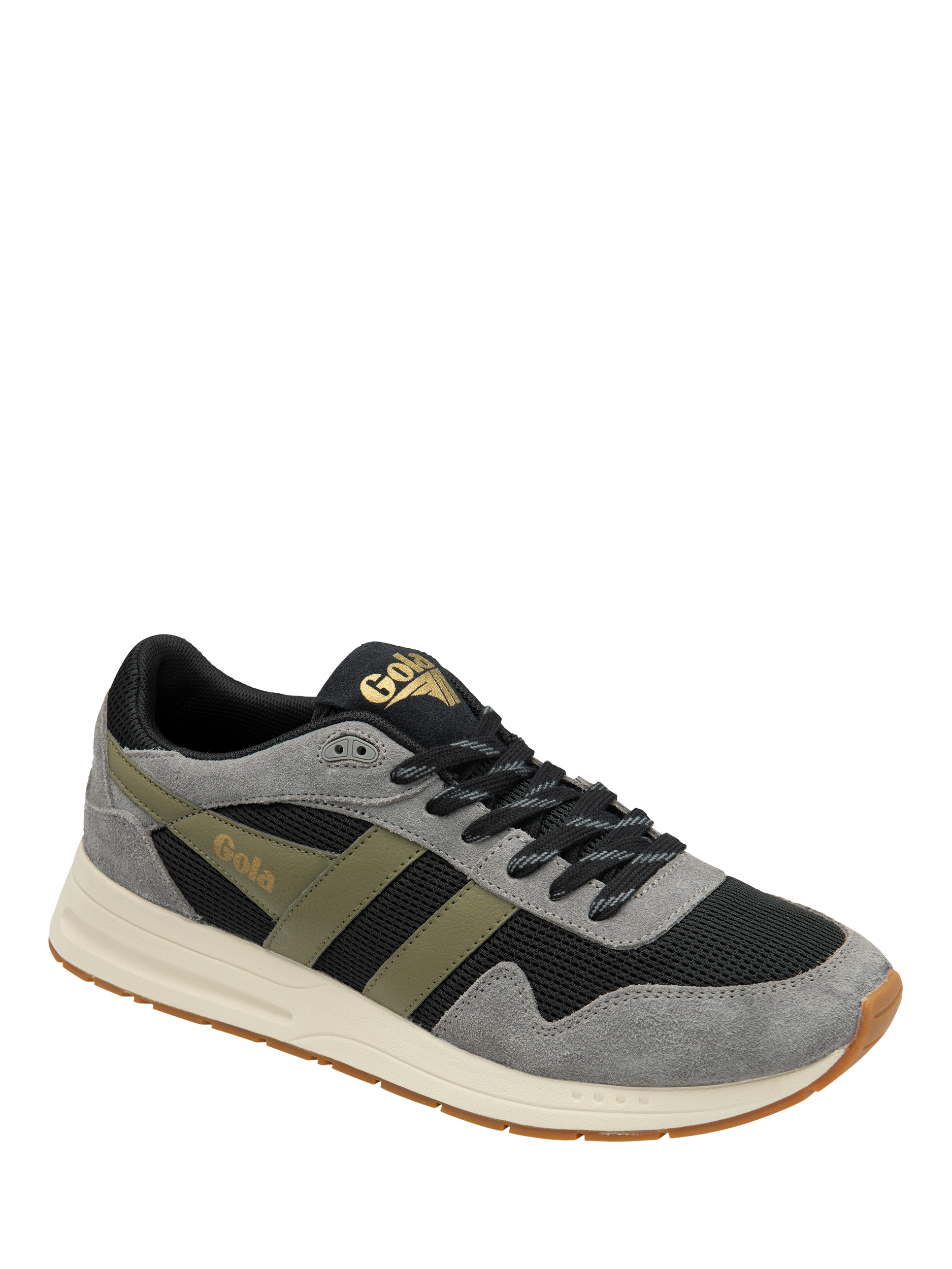 Product image 2 of 5, which shows Gola Delta Suede Trim Lace-Up Trainers, Black/Ash/Khaki, 6