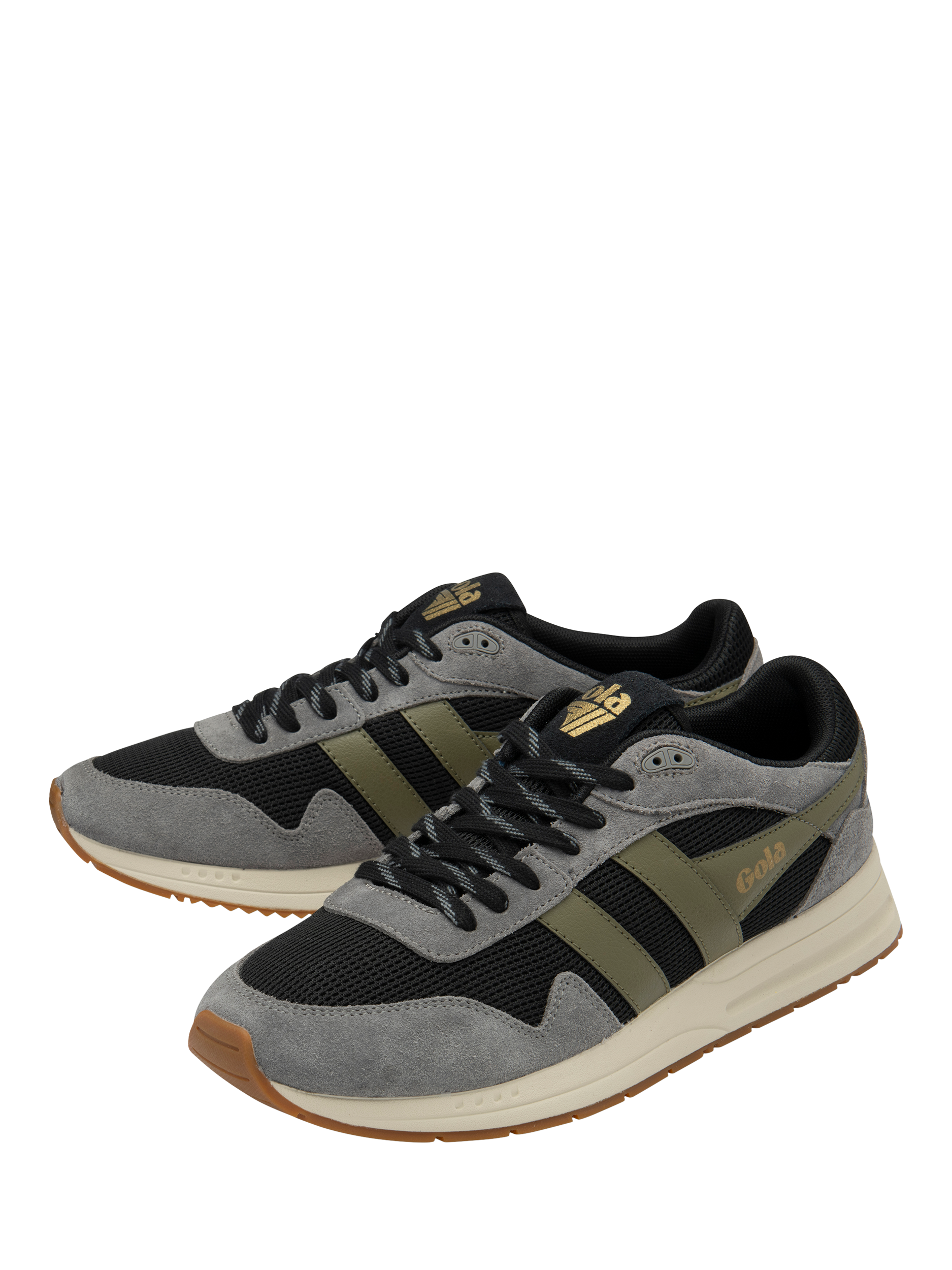 Product image 3 of 5, which shows Gola Delta Suede Trim Lace-Up Trainers, Black/Ash/Khaki, 6