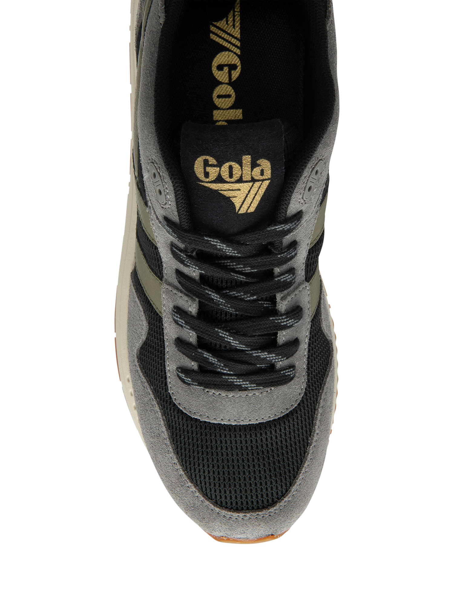 Product image 5 of 5, which shows Gola Delta Suede Trim Lace-Up Trainers, Black/Ash/Khaki, 6