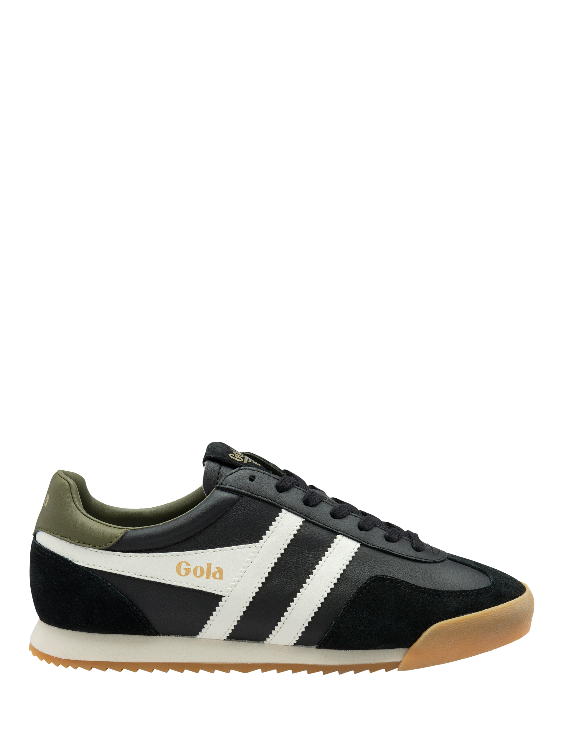Product image 1 of 5, which shows Gola Europa Lace Up Leather Trainers, Black/Off White/Khak, 6