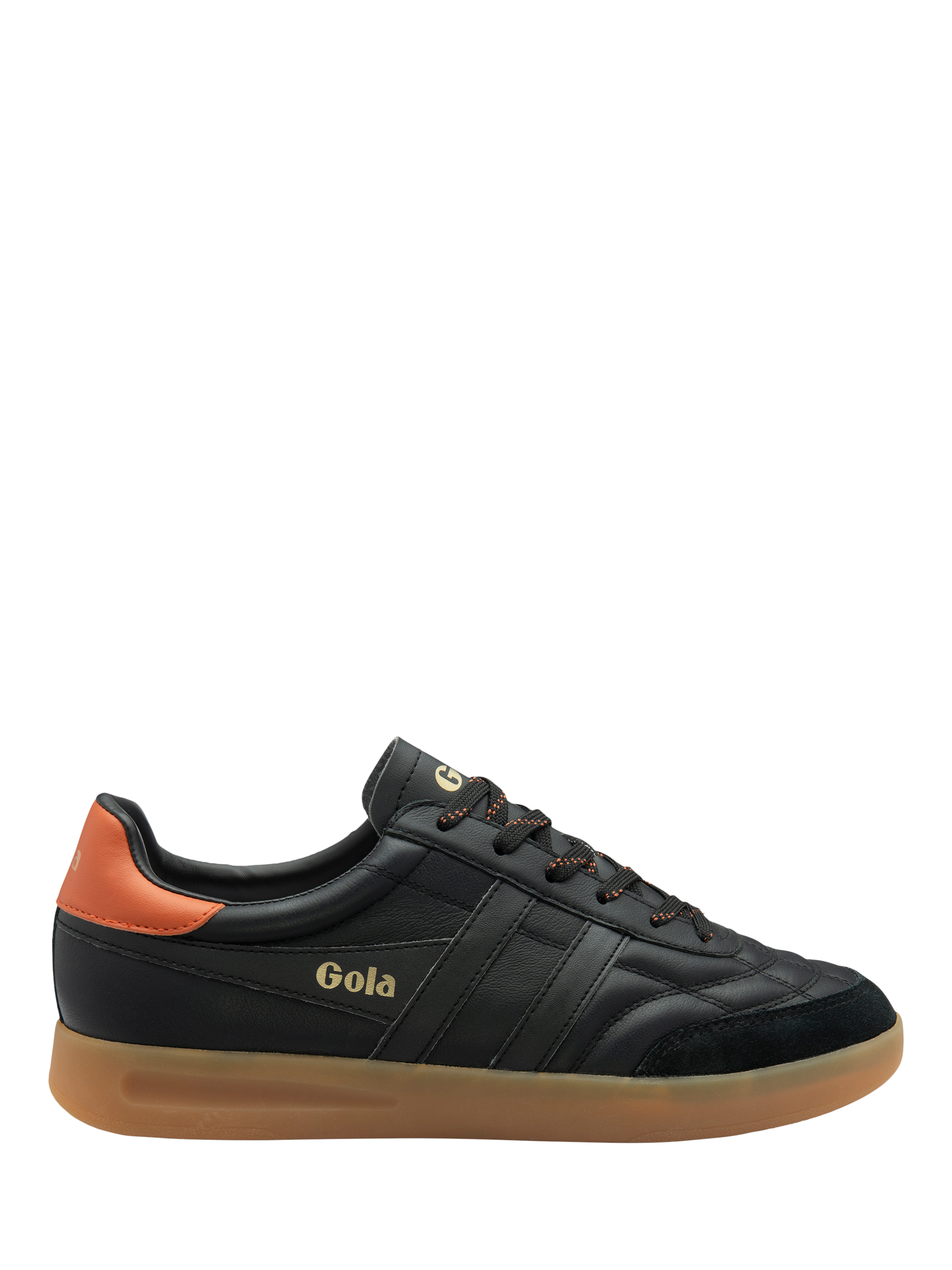 Product image 1 of 5, which shows Gola Stadia Lace Up Leather Trainers, Black/Moody Orange/G, 6