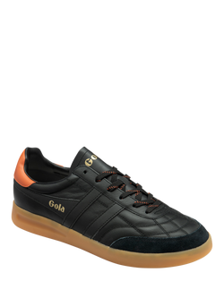 Gola Stadia Lace Up Leather Trainers - view 2, Black/Moody Orange/G