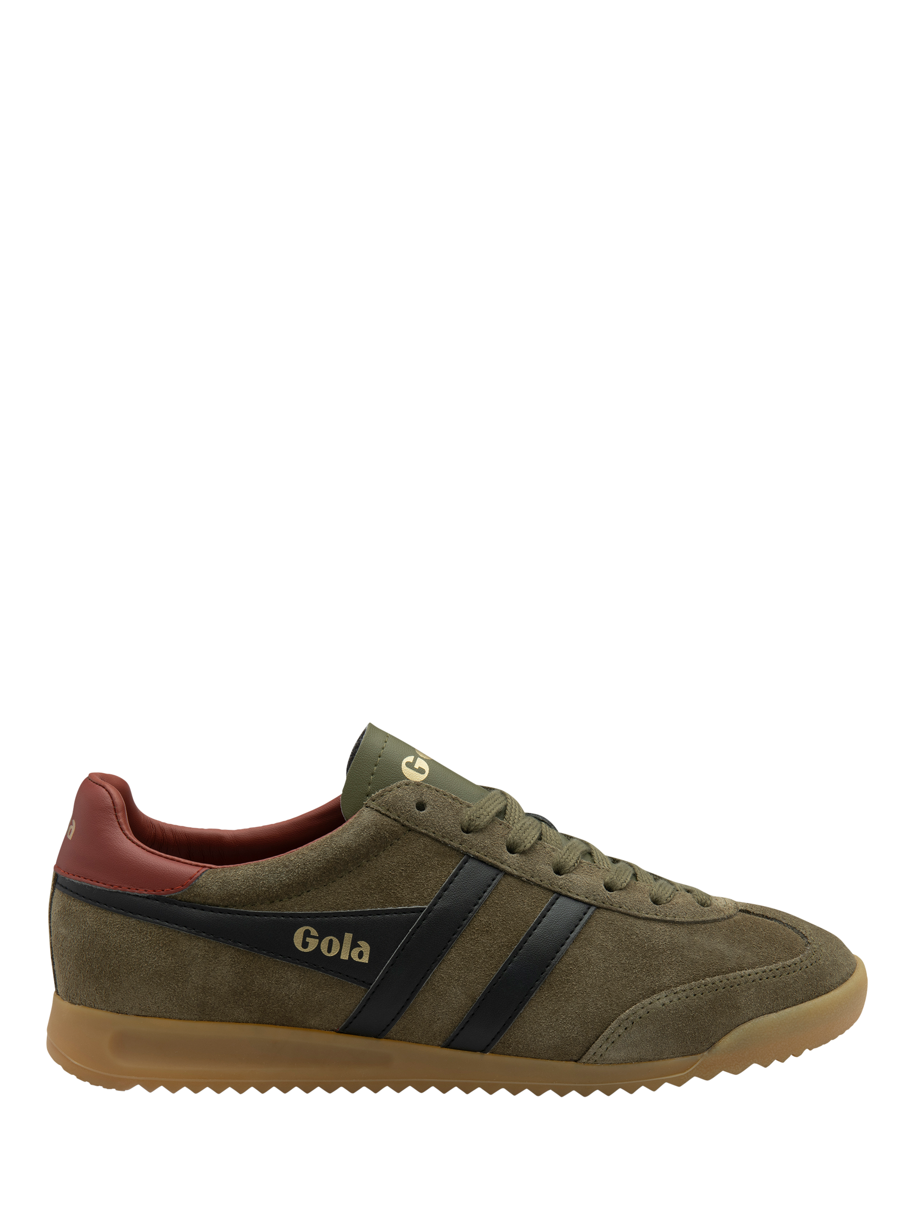Product image 1 of 5, which shows Gola Torpedo Suede Trainers, Khaki/Black/Rust, 6