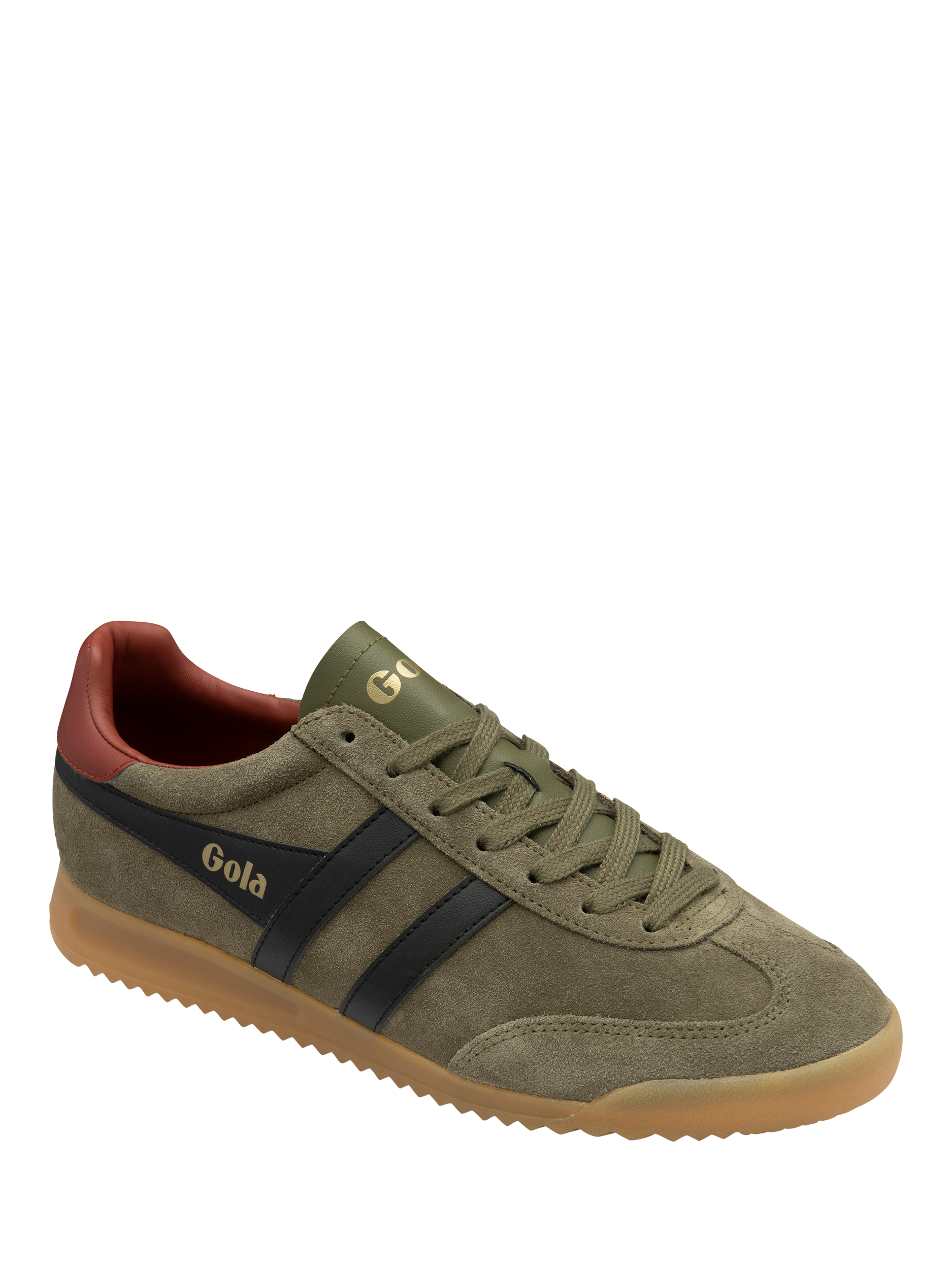 Product image 2 of 5, which shows Gola Torpedo Suede Trainers, Khaki/Black/Rust, 6