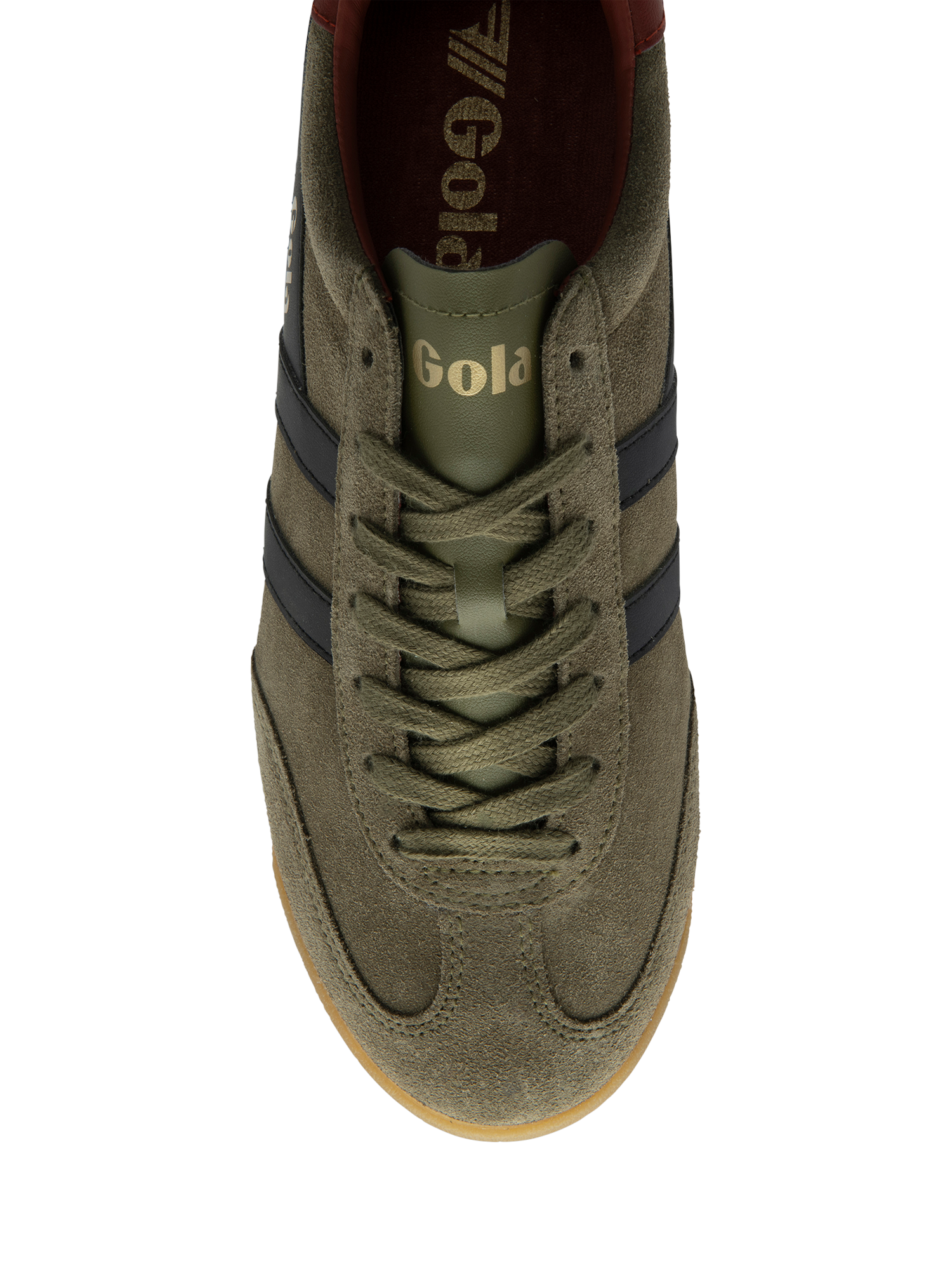 Product image 5 of 5, which shows Gola Torpedo Suede Trainers, Khaki/Black/Rust, 6