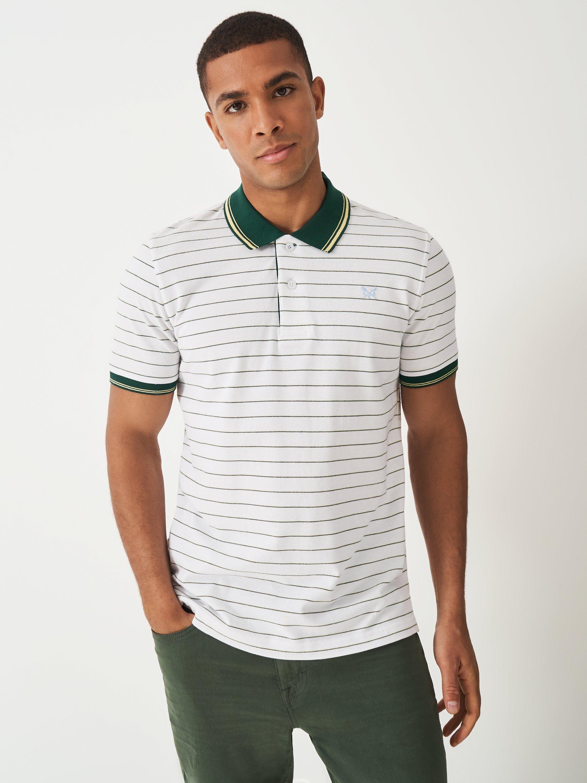 Product image 1 of 5, which shows Crew Clothing Stripe Cotton Polo Shirt, White/Multi, L