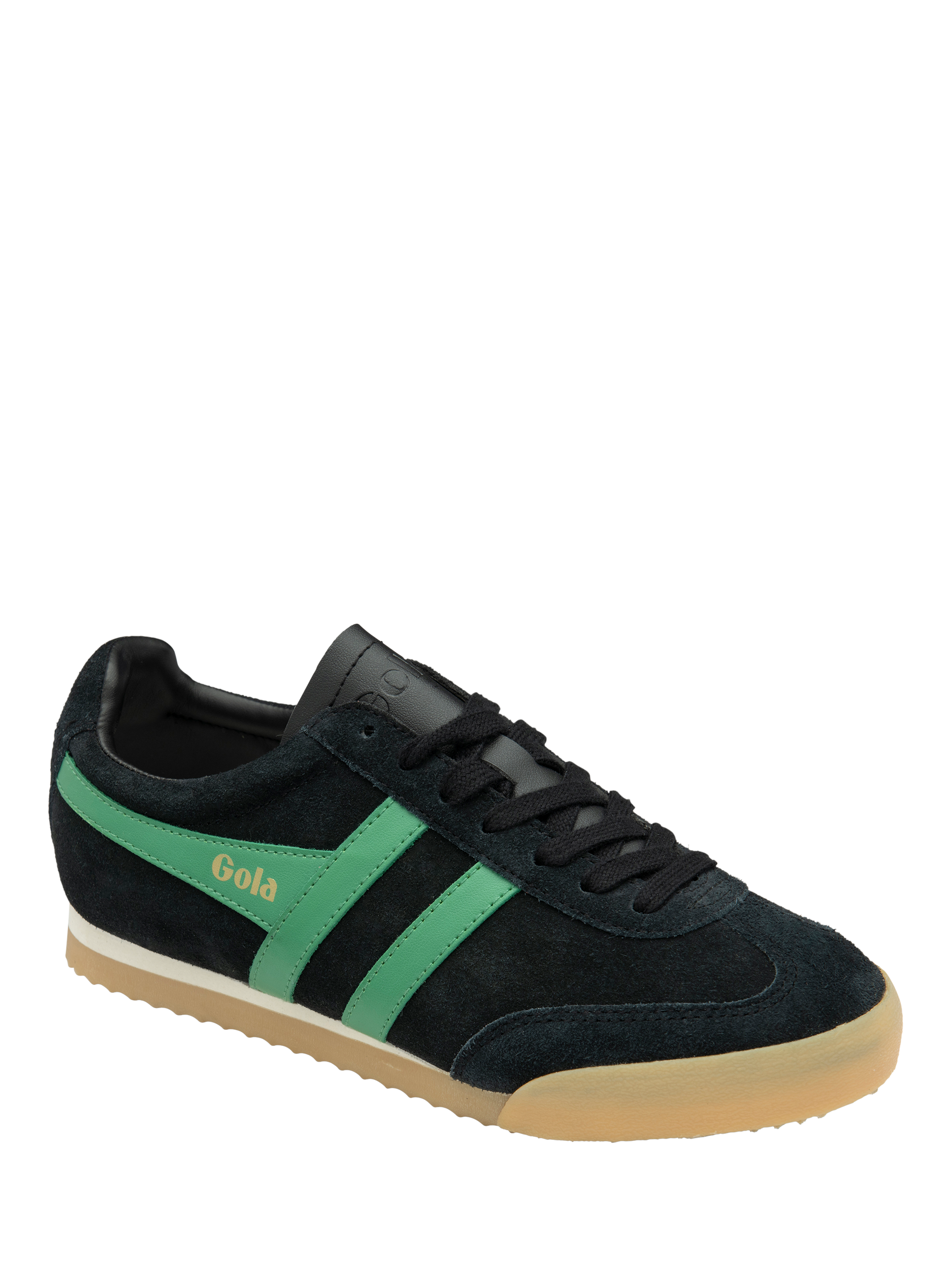 Product image 2 of 5, which shows Gola Classics Apollo Suede Trainers, Black/Jade/Gum, 3