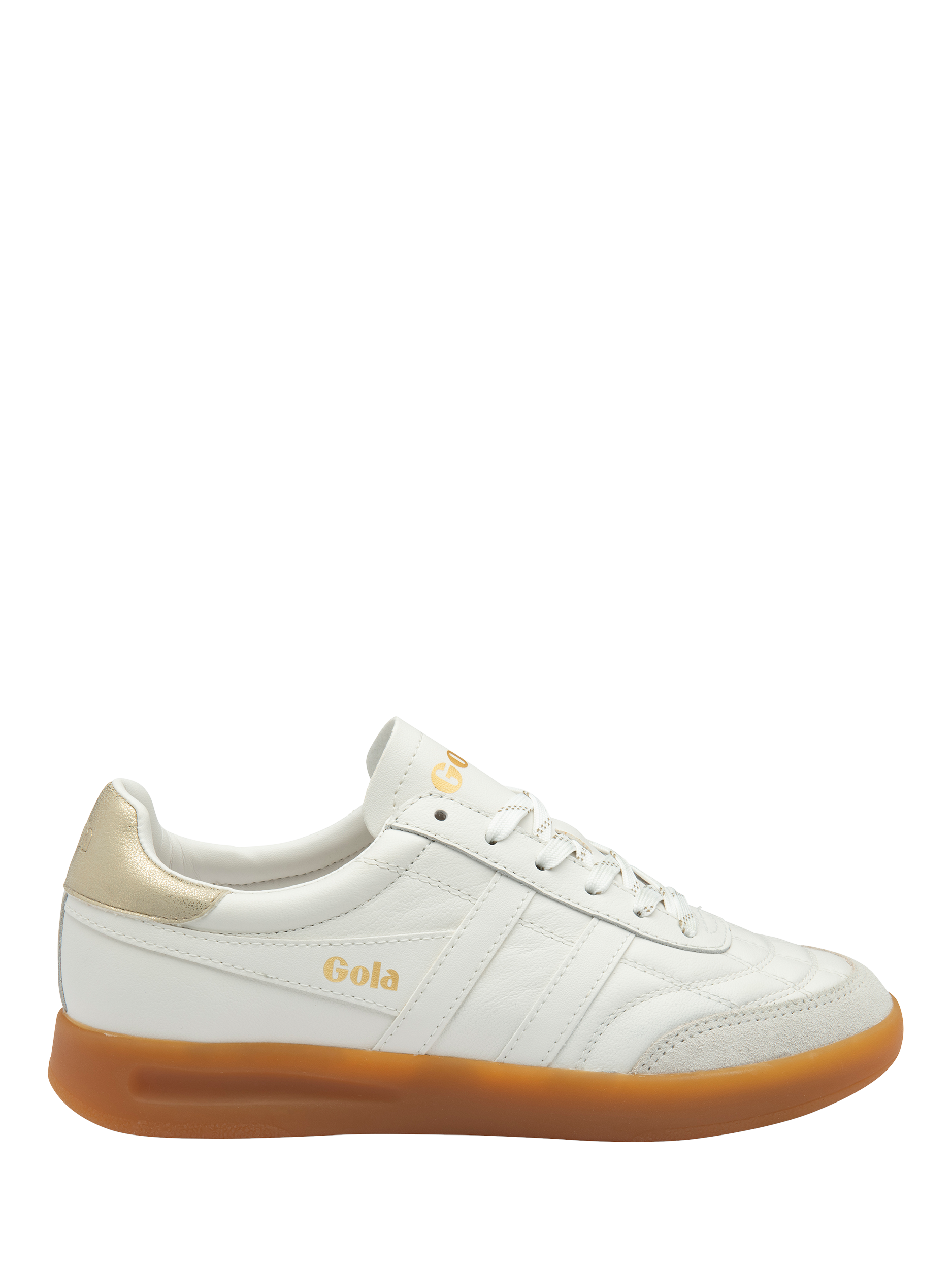 Product image 1 of 5, which shows Gola Classics Stadia Leather Trainers, White/Gold/Gum, 3