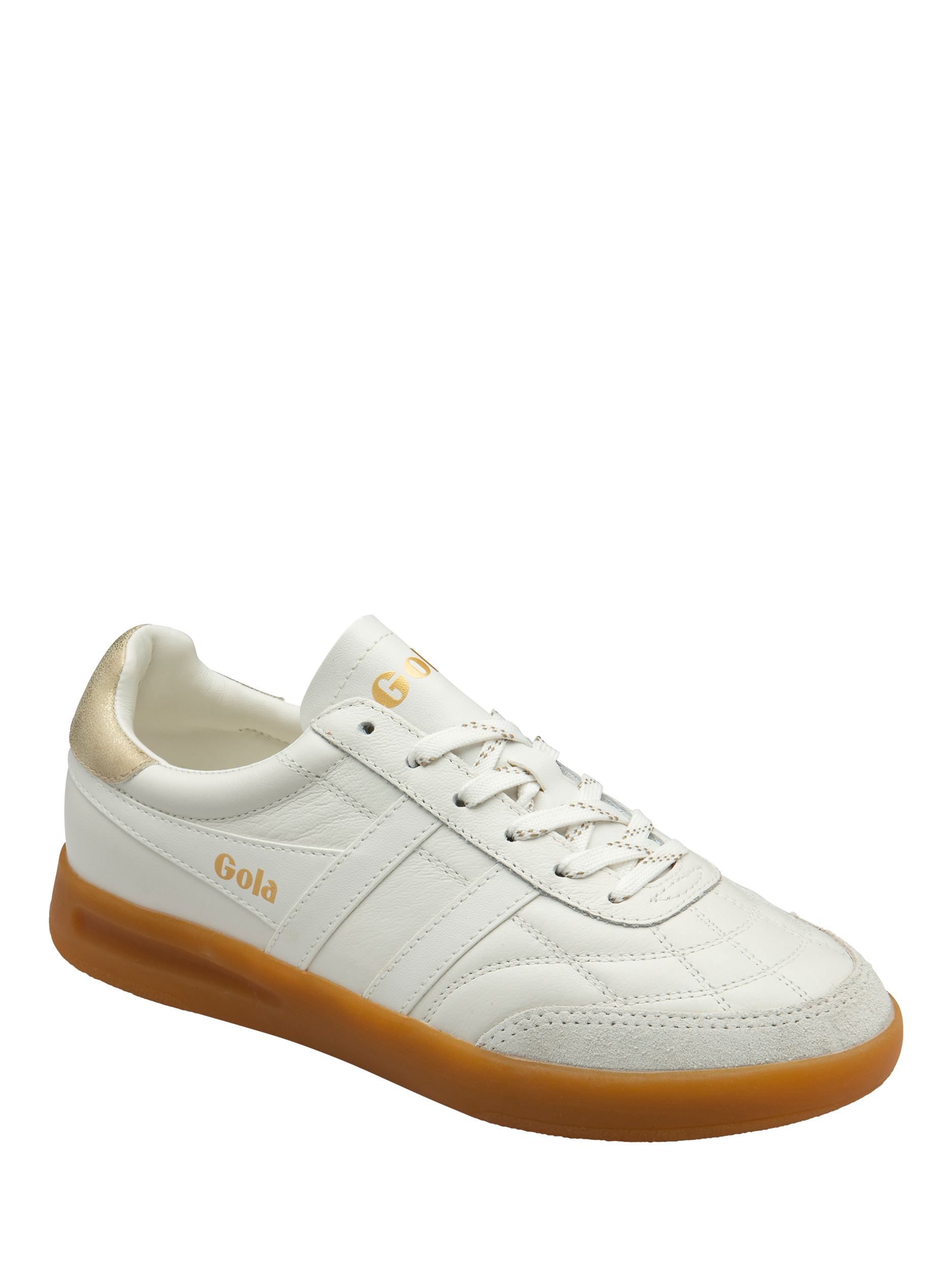 Product image 2 of 5, which shows Gola Classics Stadia Leather Trainers, White/Gold/Gum, 3