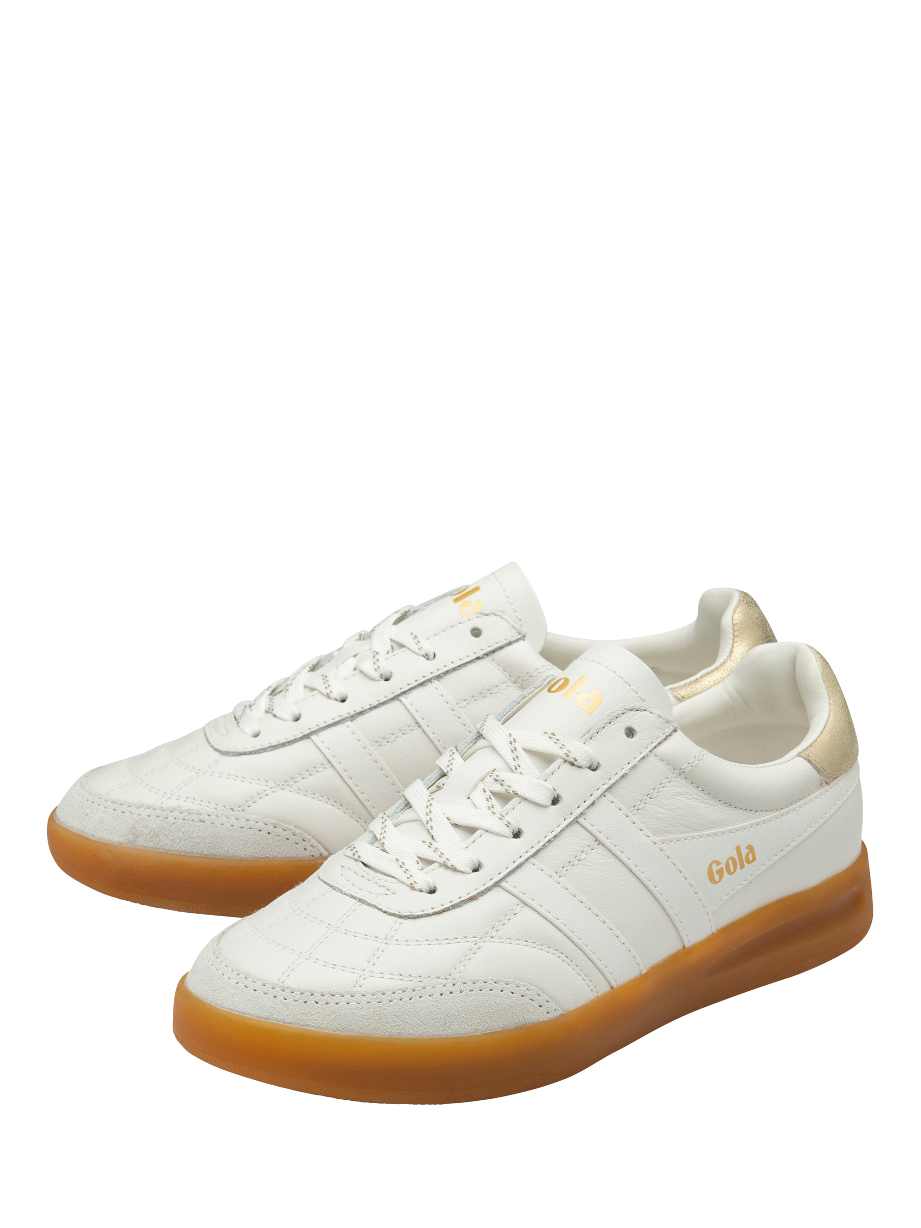 Product image 3 of 5, which shows Gola Classics Stadia Leather Trainers, White/Gold/Gum, 3