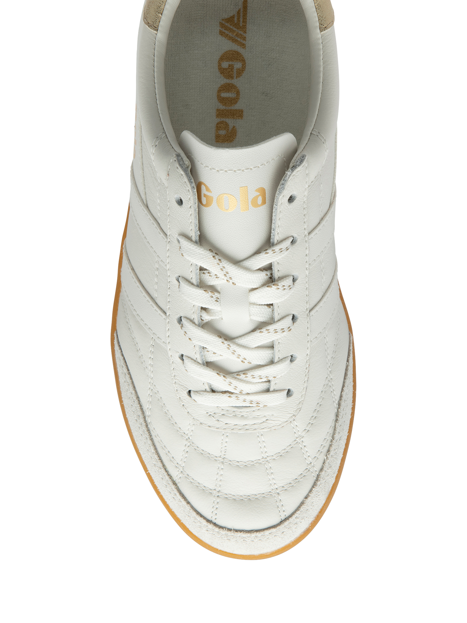 Product image 5 of 5, which shows Gola Classics Stadia Leather Trainers, White/Gold/Gum, 3
