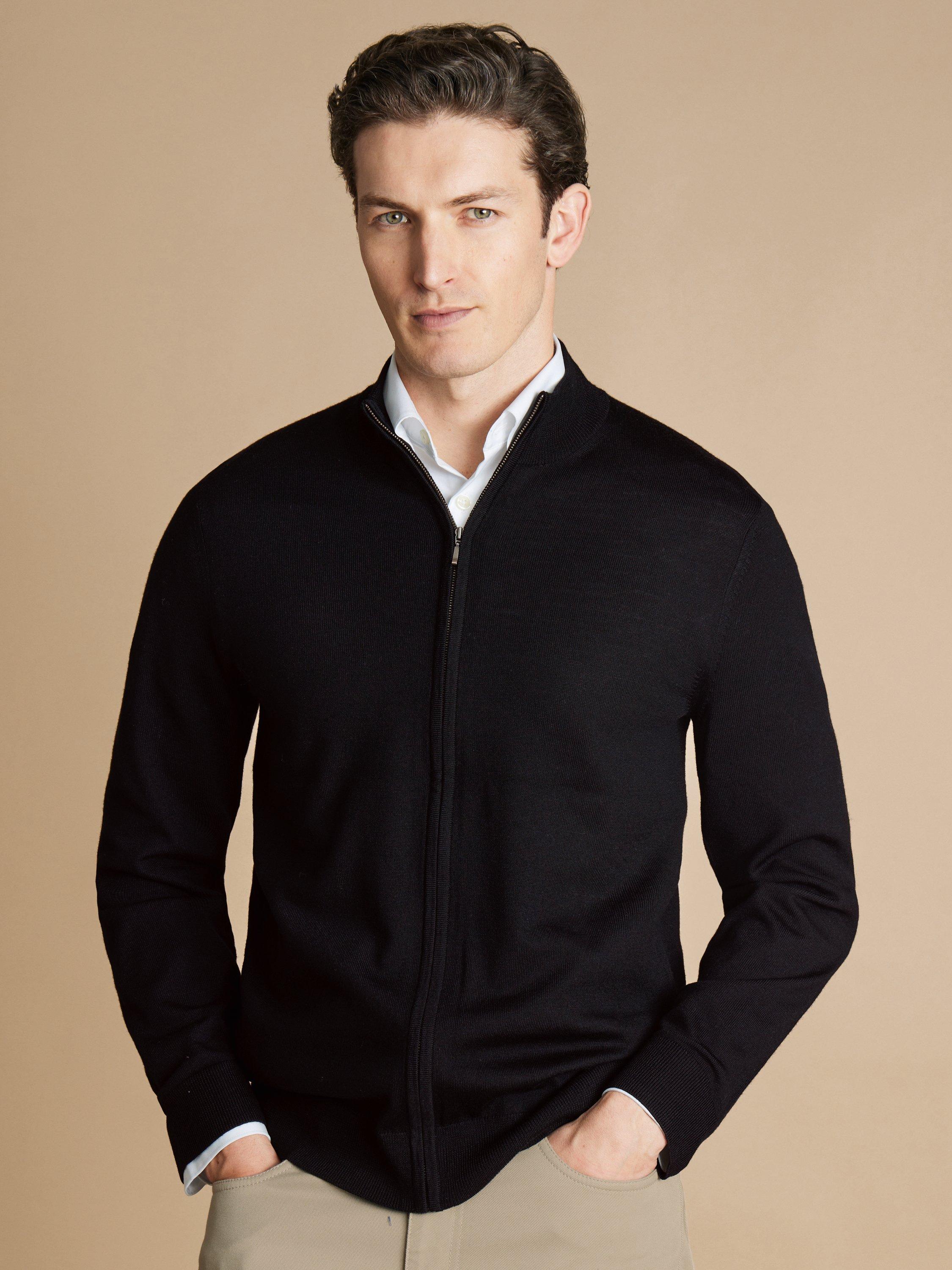 Product image 1 of 5, which shows Charles Tyrwhitt Zip Front Merino Wool Jumper, Black, XL