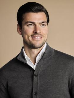Charles Tyrwhitt Funnel Neck Button Through Merino Wool Cardigan, Grey - view 2, Grey