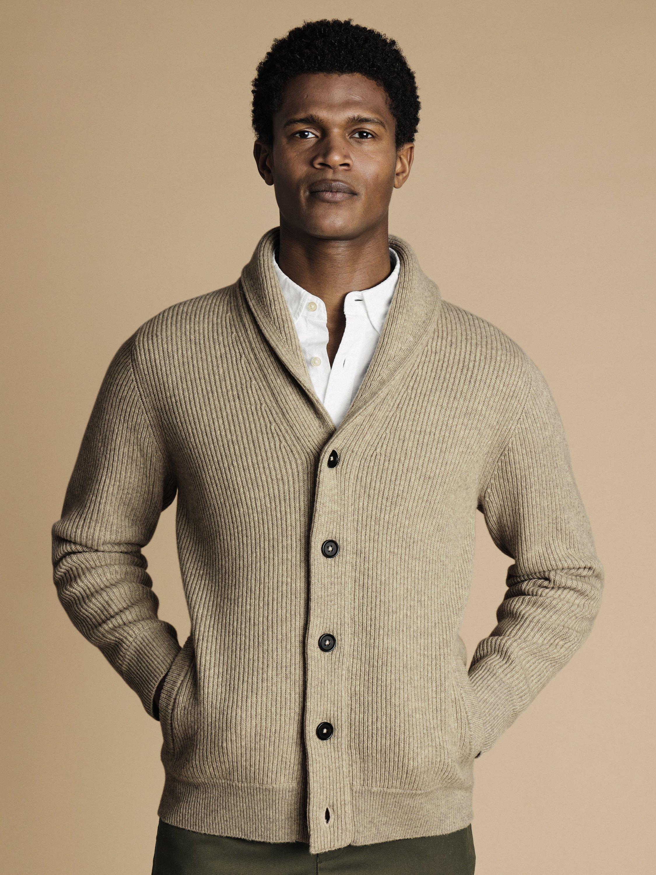 Product image 1 of 5, which shows Charles Tyrwhitt Merino Wool Cardigan, Oatmeal, S
