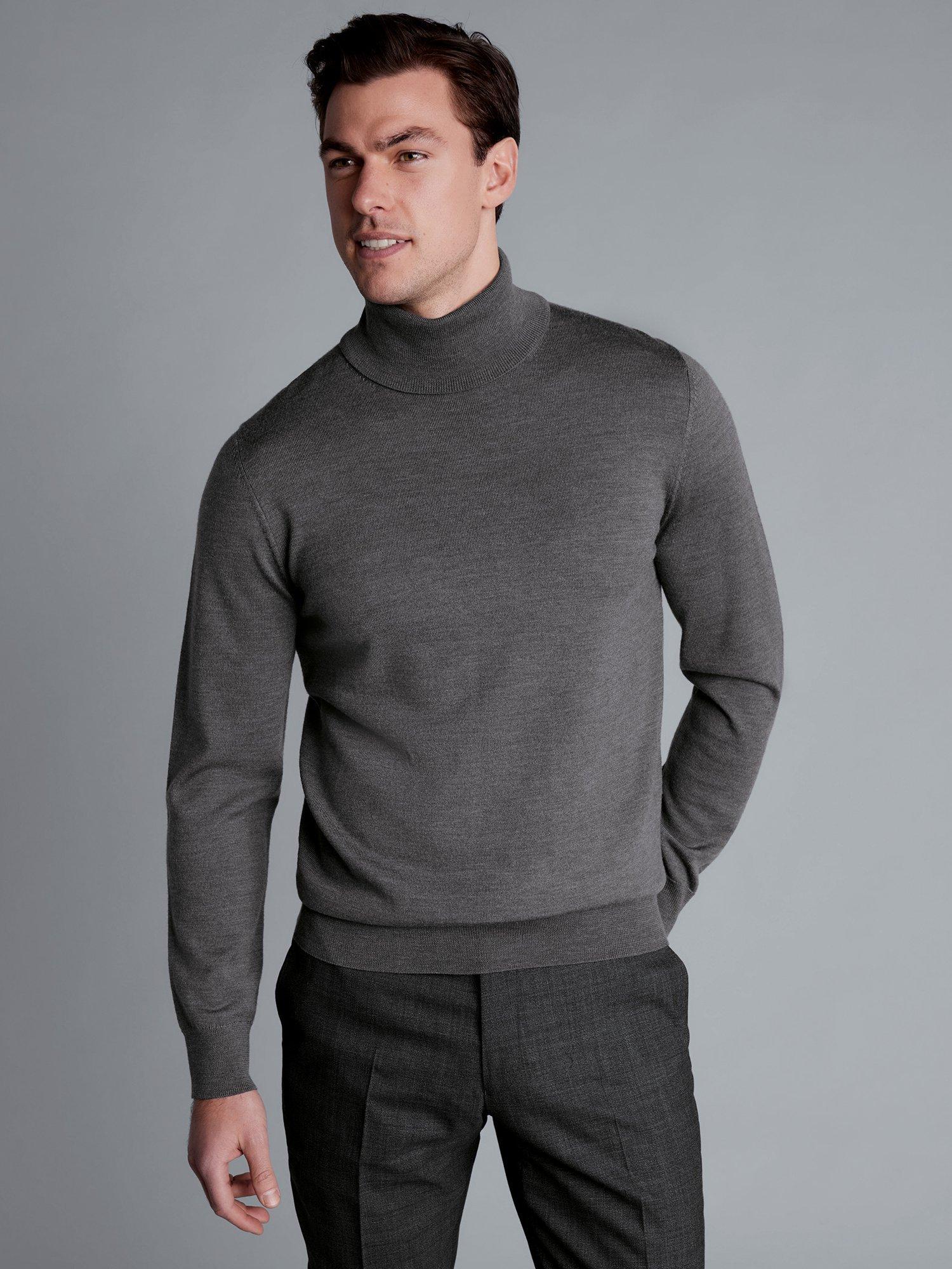 Product image 1 of 5, which shows Charles Tyrwhitt Merino Wool Roll Neck Jumper, Grey, L