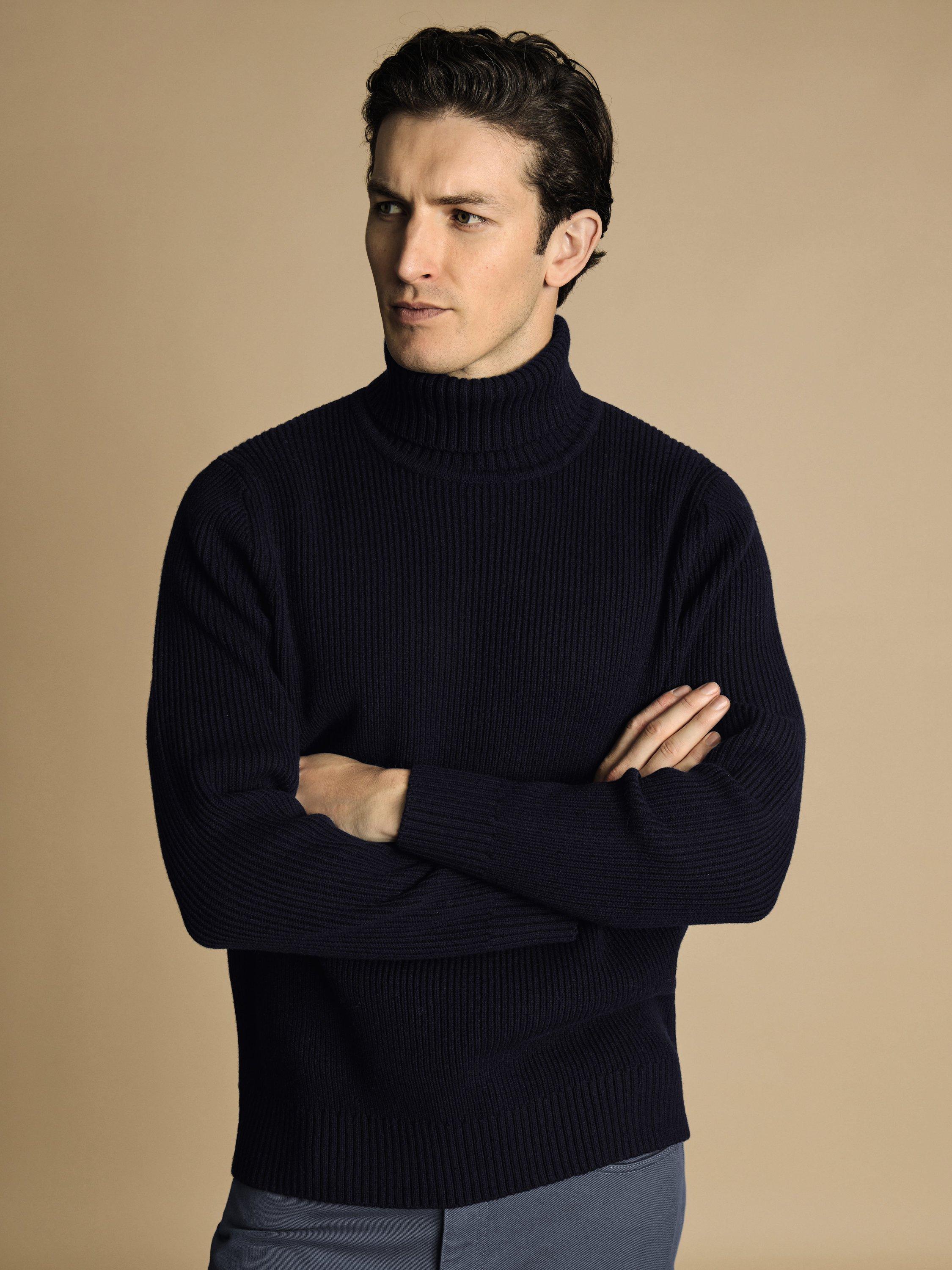 Product image 1 of 5, which shows Charles Tyrwhitt Merino Wool Roll Neck Jumper, Navy, L