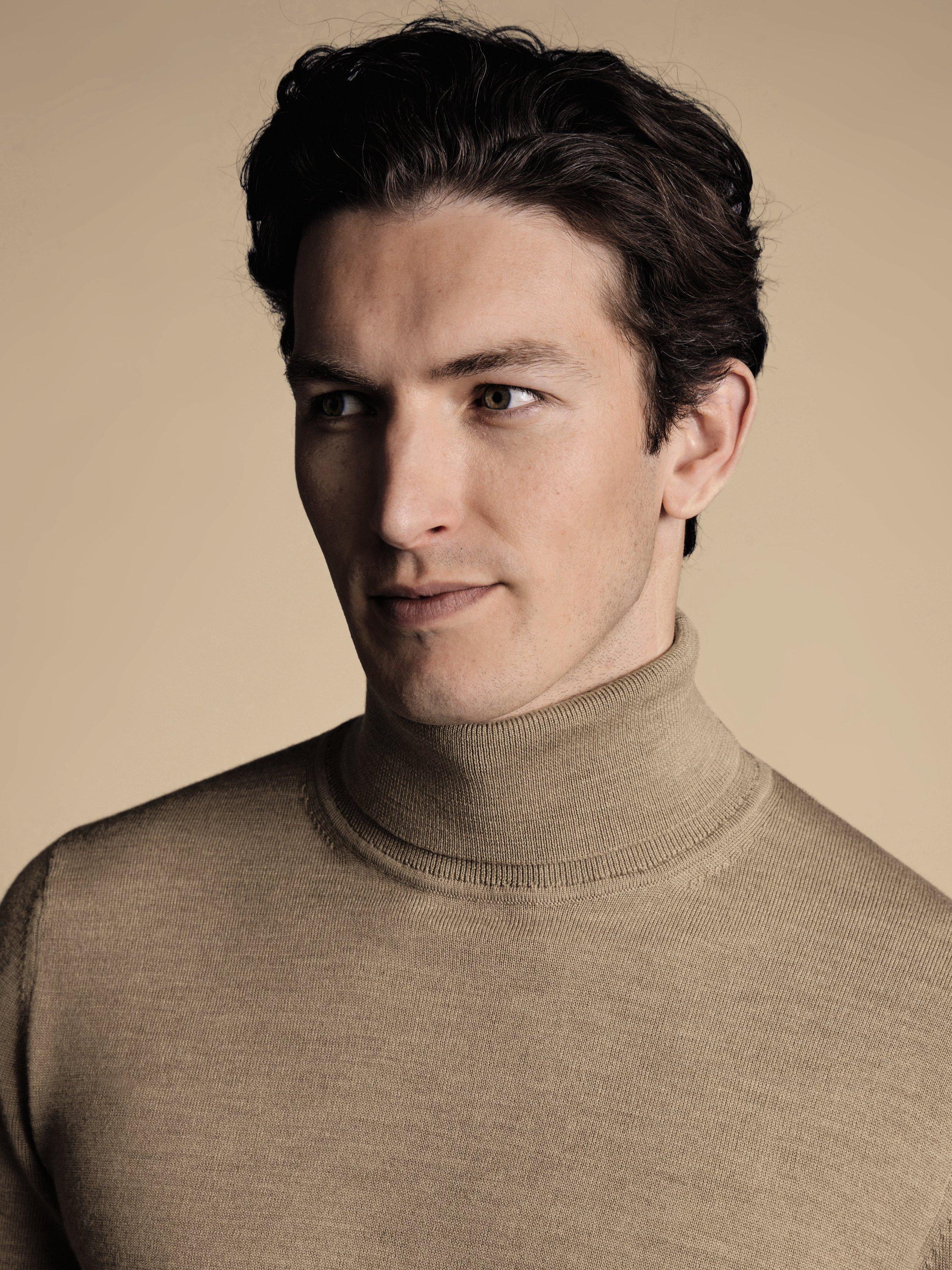 Product image 1 of 5, which shows Charles Tyrwhitt Merino Wool Roll Neck Jumper, Oatmeal, M