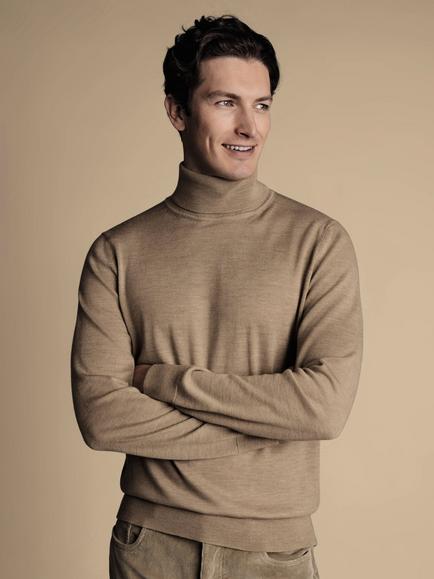 Charles Tyrwhitt Merino Wool Roll Neck Jumper - view 2, Oatmeal